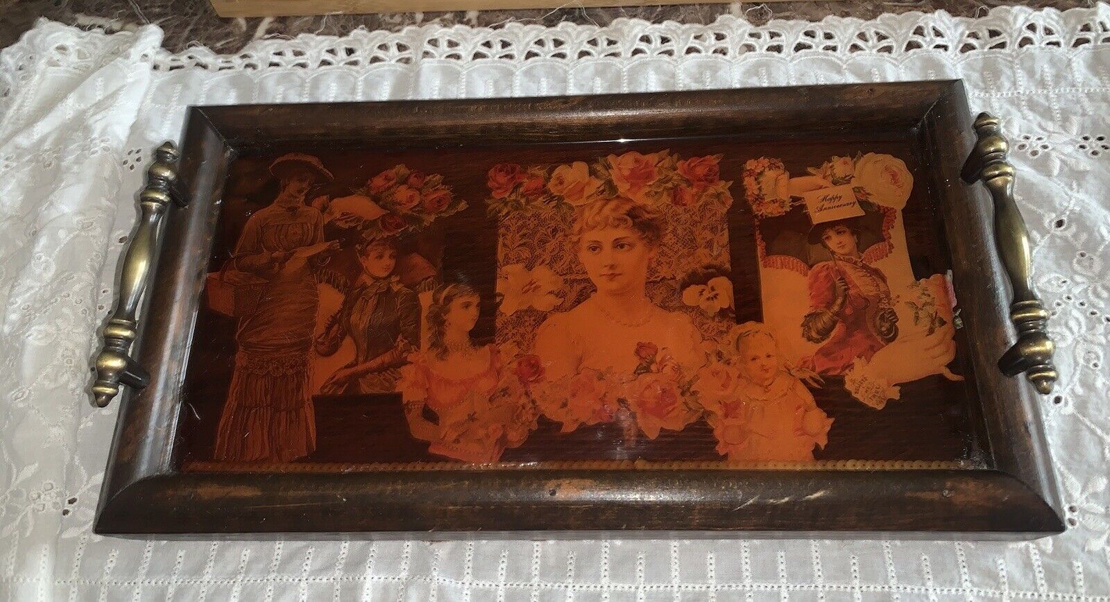 Antique French Wooden Lacquer Tray with Brass Handle