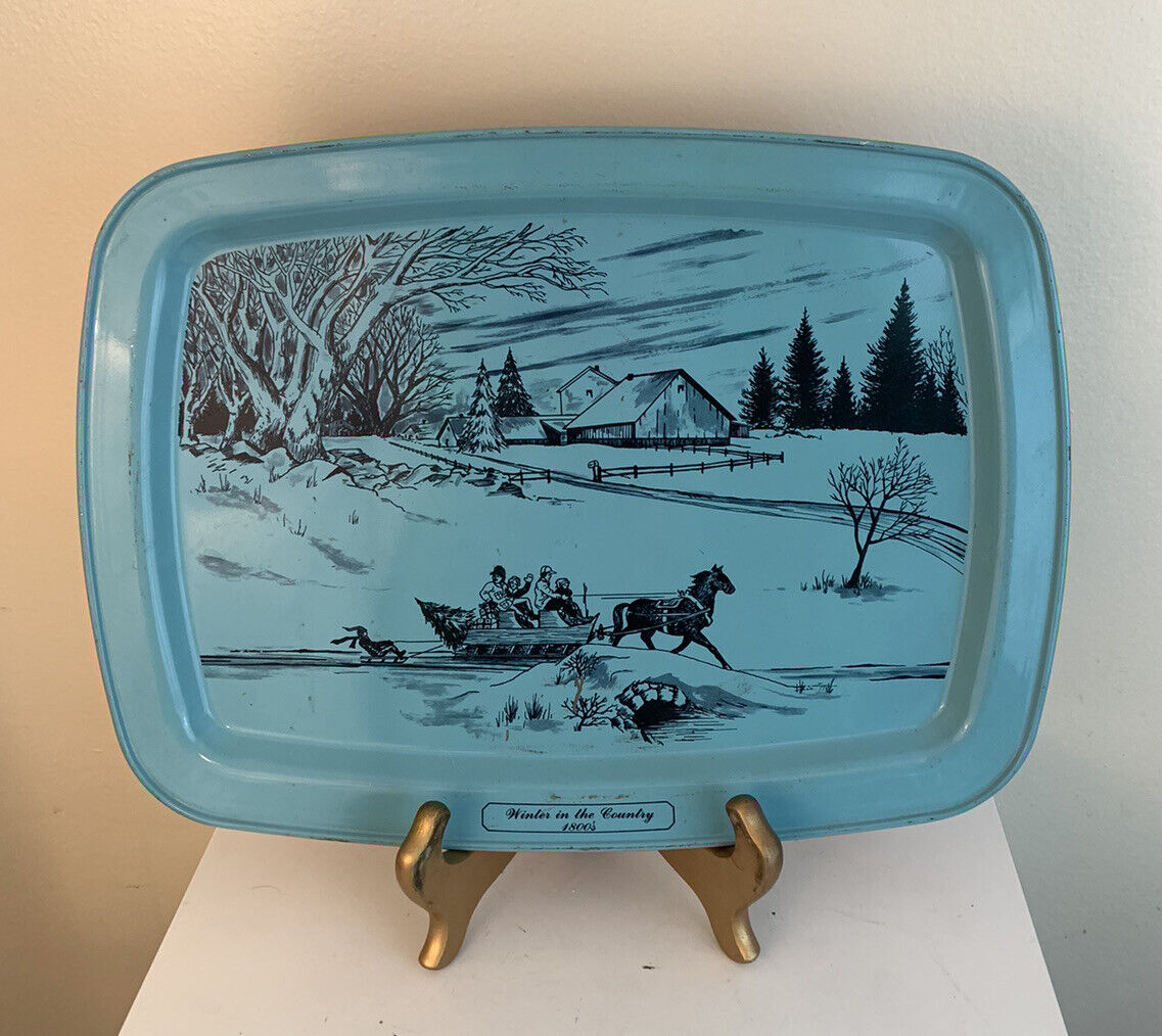Antique Blue Serving Tray Platter, 1800s Winter Scene