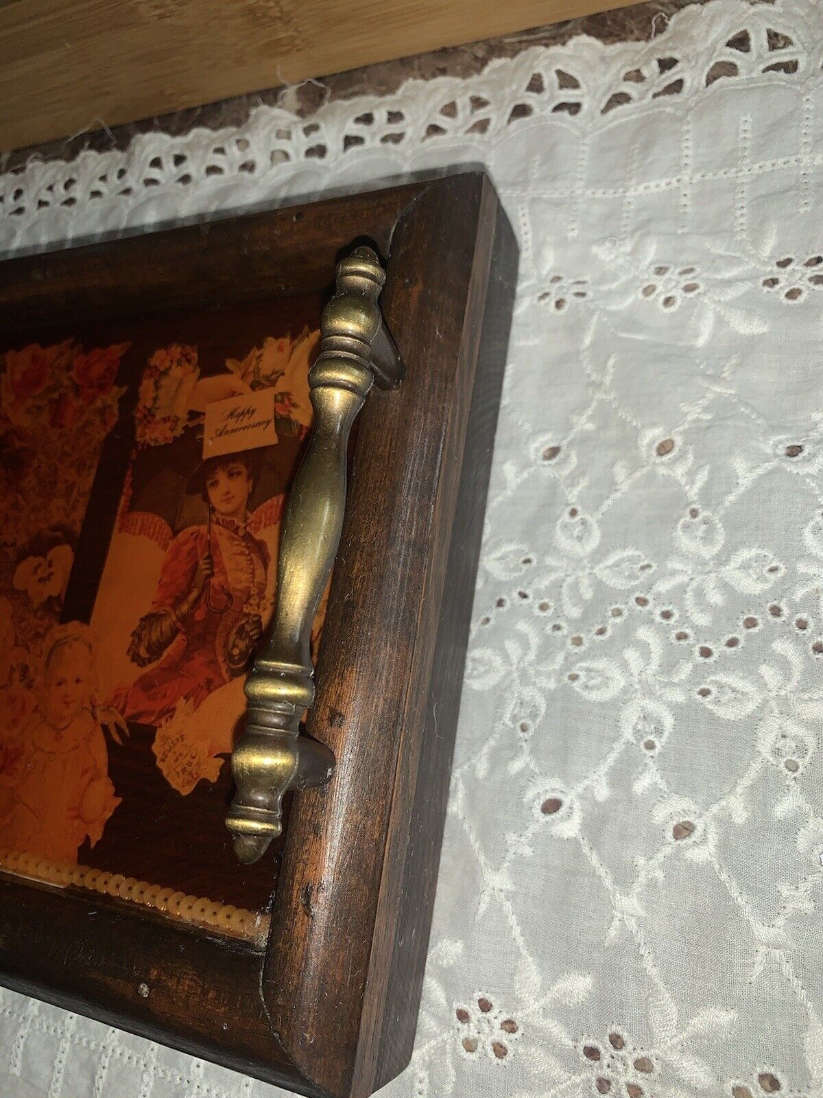 Antique French Wooden Lacquer Tray with Brass Handle