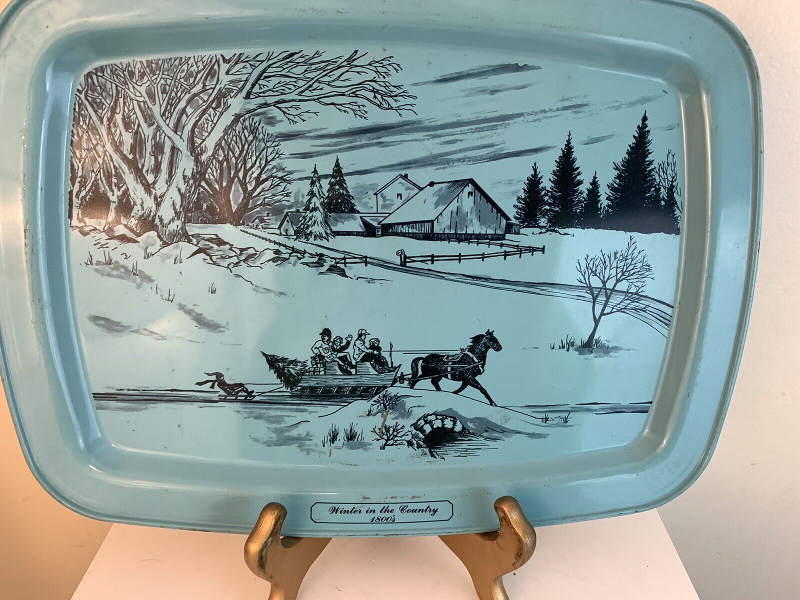 Antique Blue Serving Tray Platter, 1800s Winter Scene