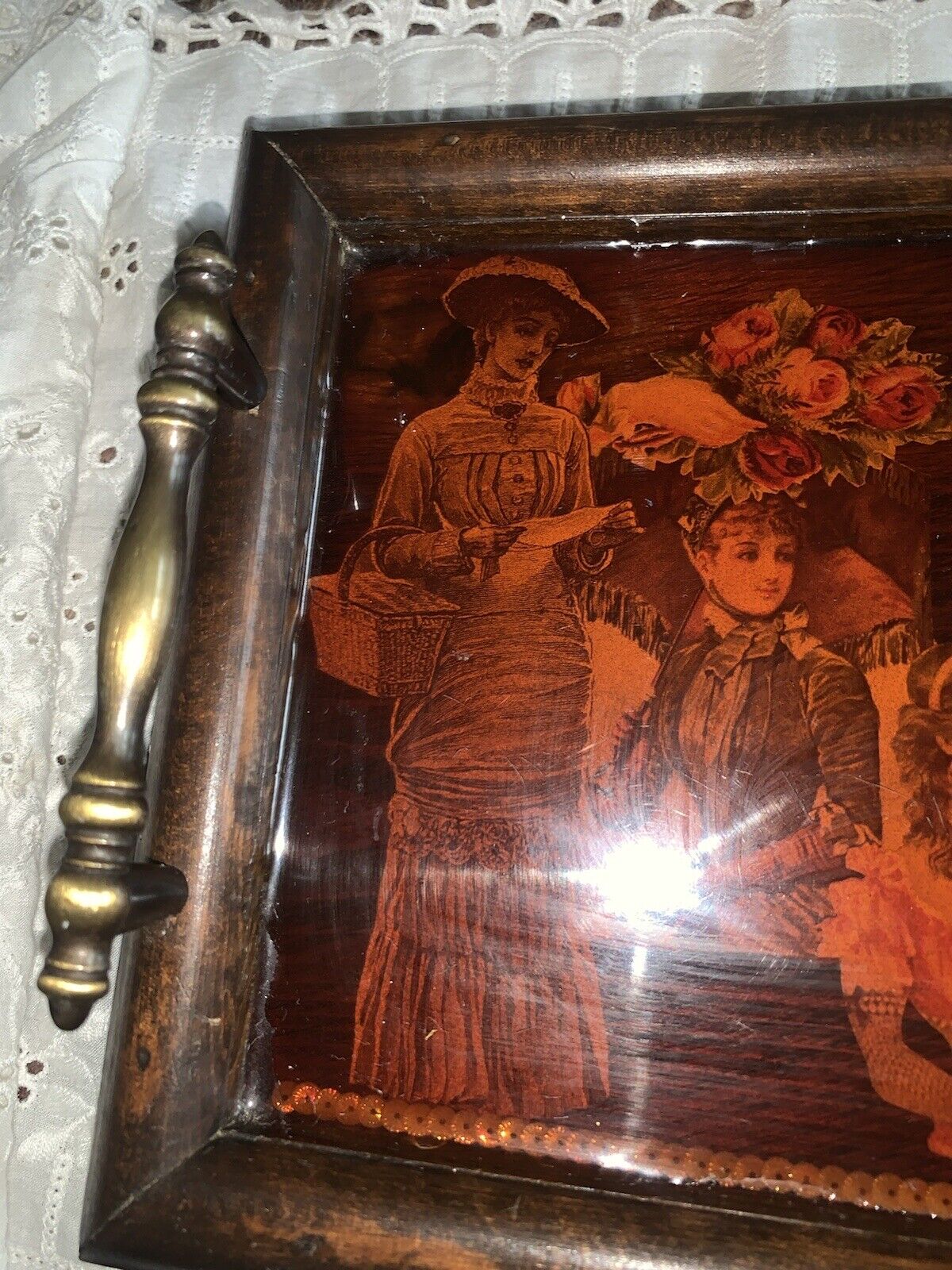 Antique French Wooden Lacquer Tray with Brass Handle