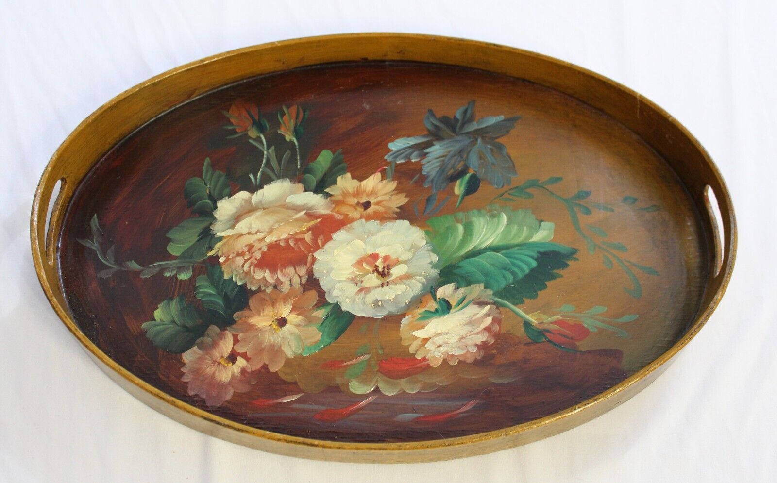 1800s Hand-Painted Floral Wooden Tray from France