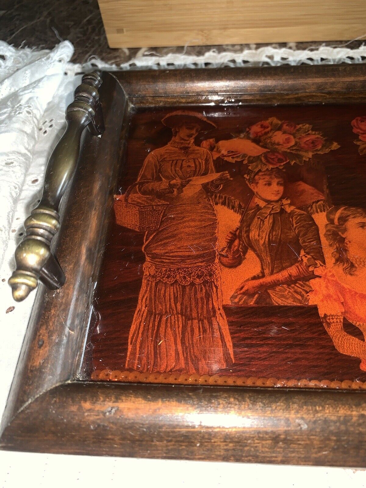 Antique French Wooden Lacquer Tray with Brass Handle