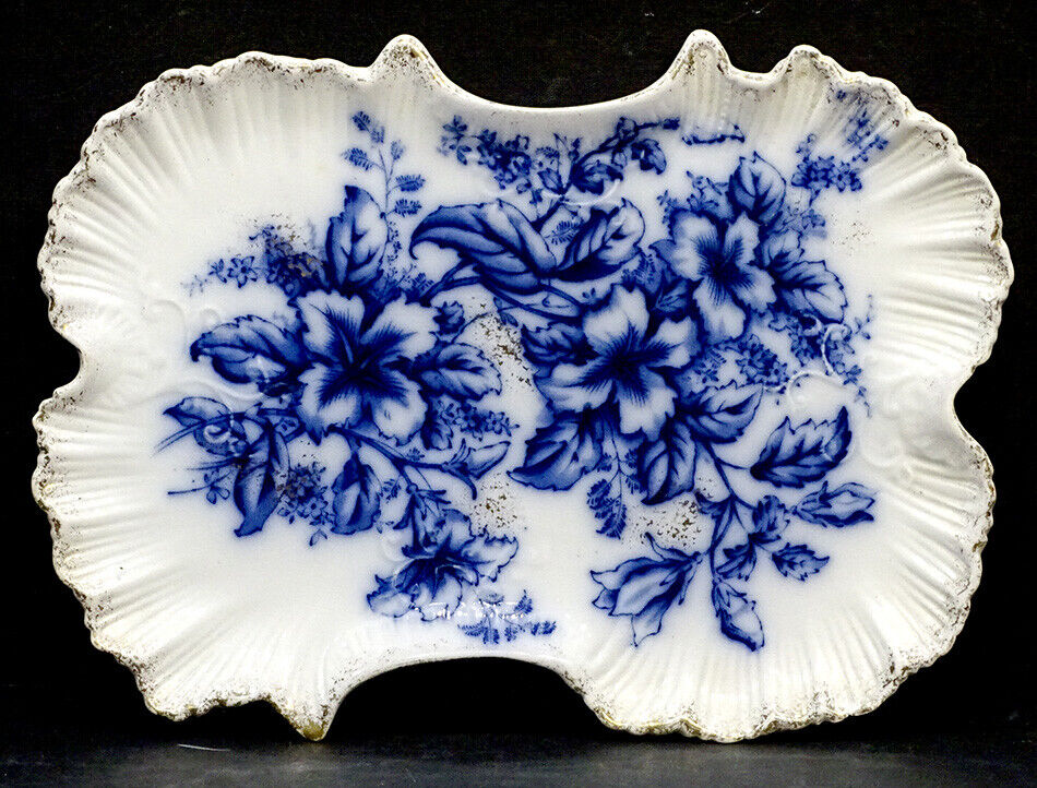 1800s Floral Flow Blue China Dresser Tray