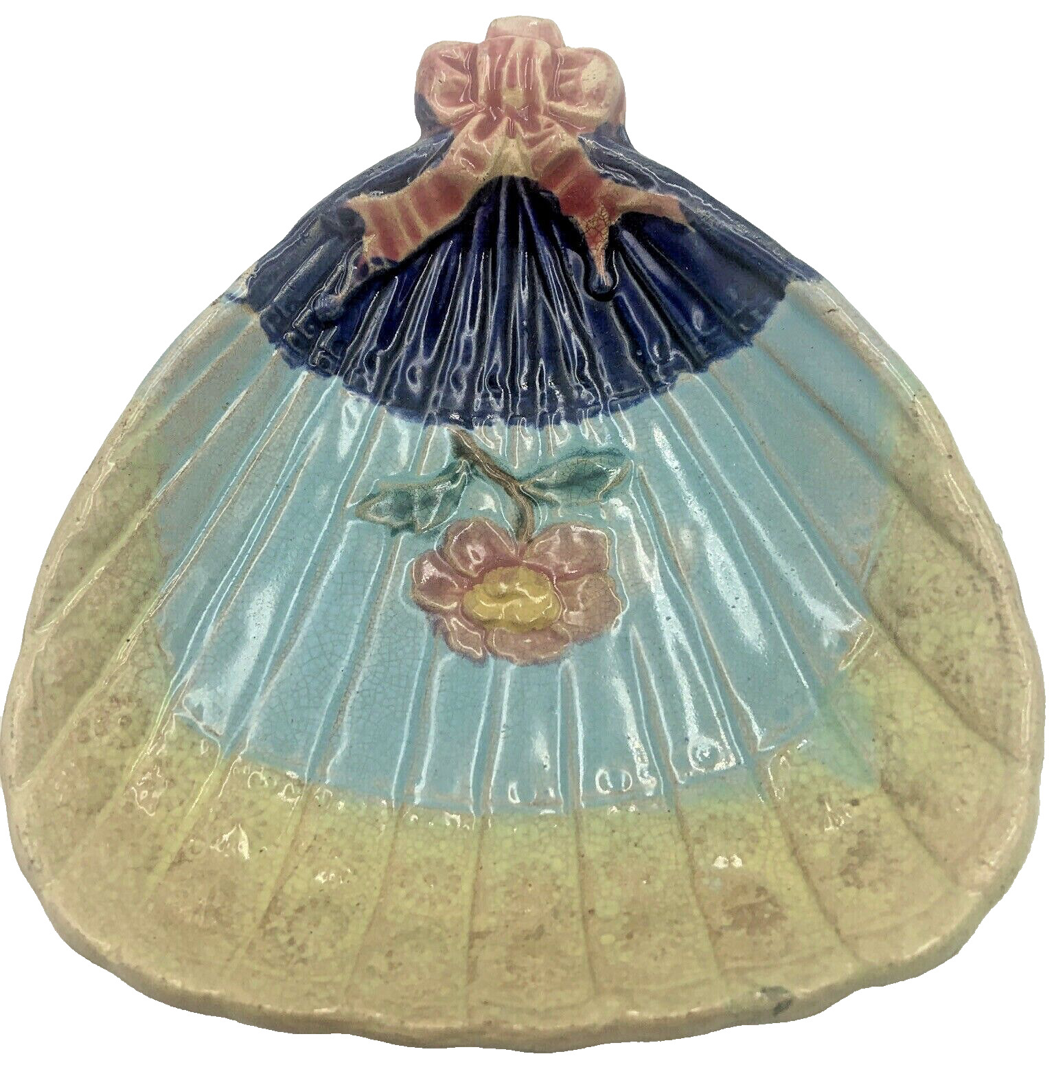 Victorian Majolica Fan Bow Flower Nappy Dish