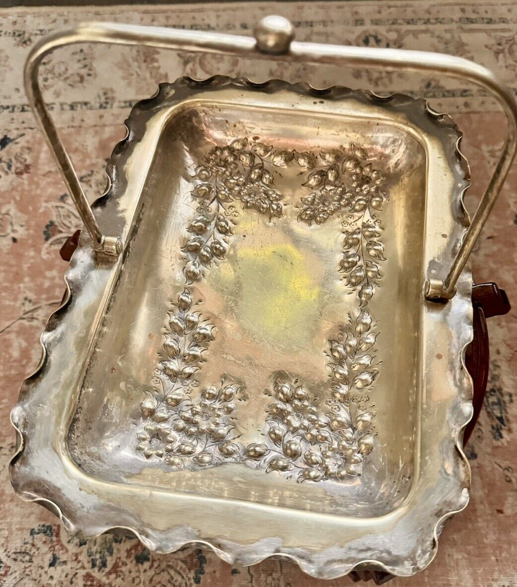 1800s Silver Plated Brass Footed Tray Basket