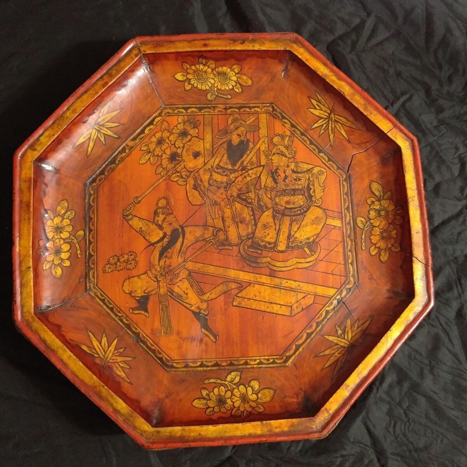 Hand-Painted 1800s Chinese Lacquered Octagon Tray