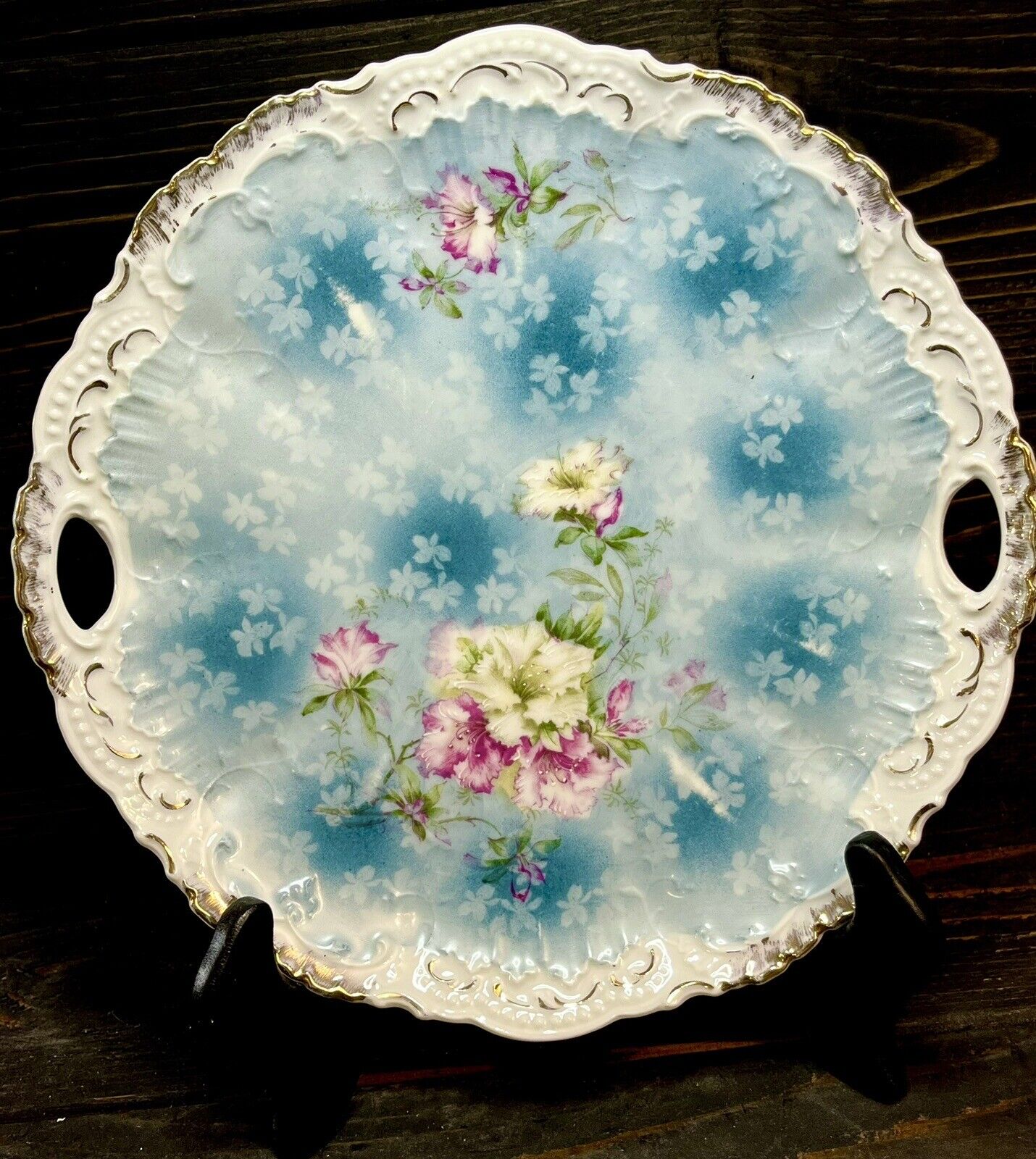 Antique Weimar Porcelain Blue Floral Tray