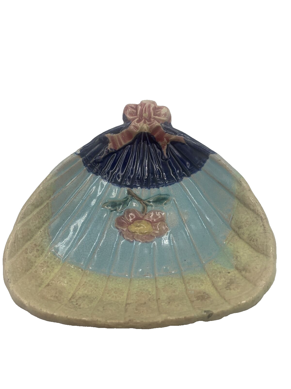Victorian Majolica Fan Bow Flower Nappy Dish