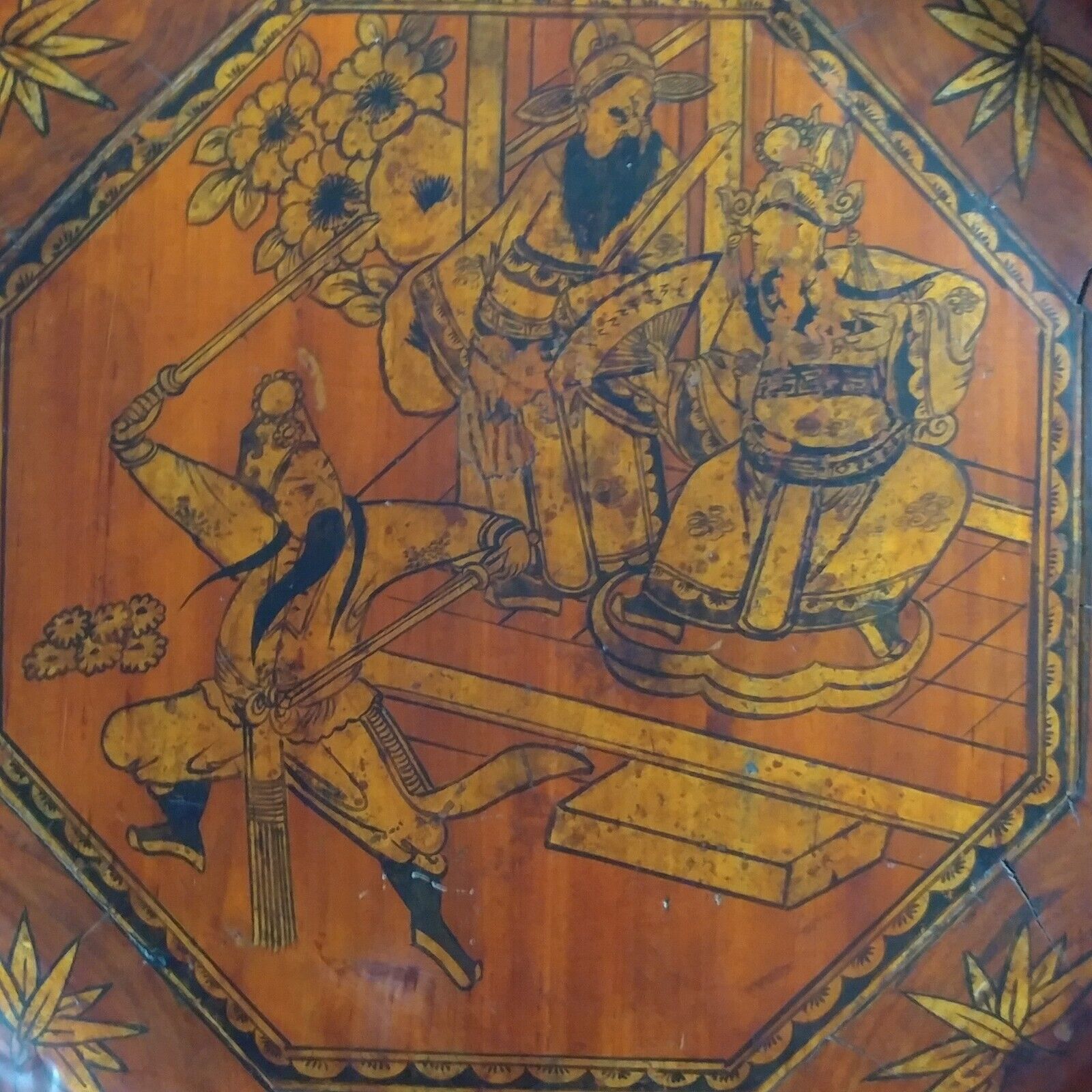 Hand-Painted 1800s Chinese Lacquered Octagon Tray