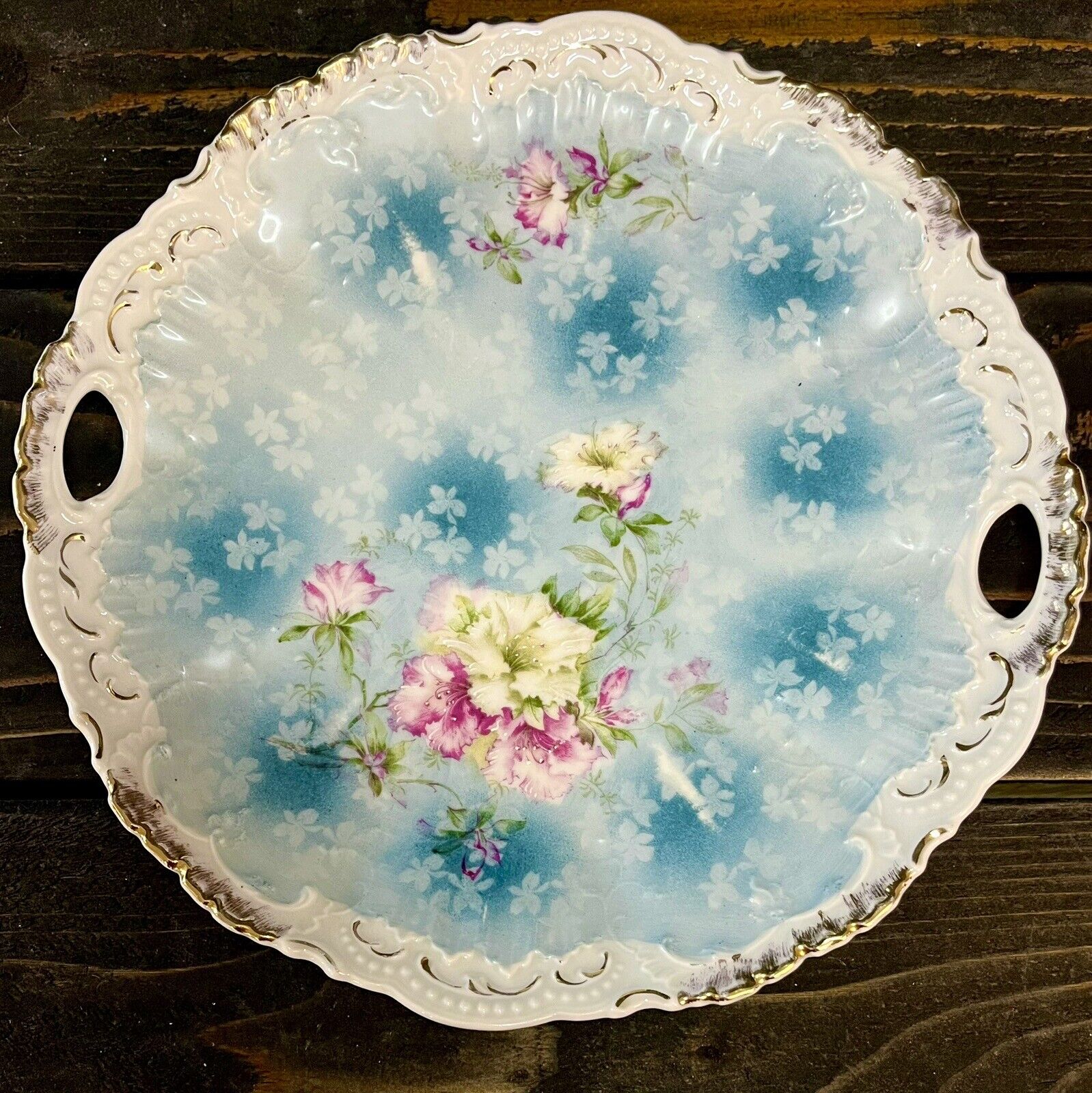 Antique Weimar Porcelain Blue Floral Tray