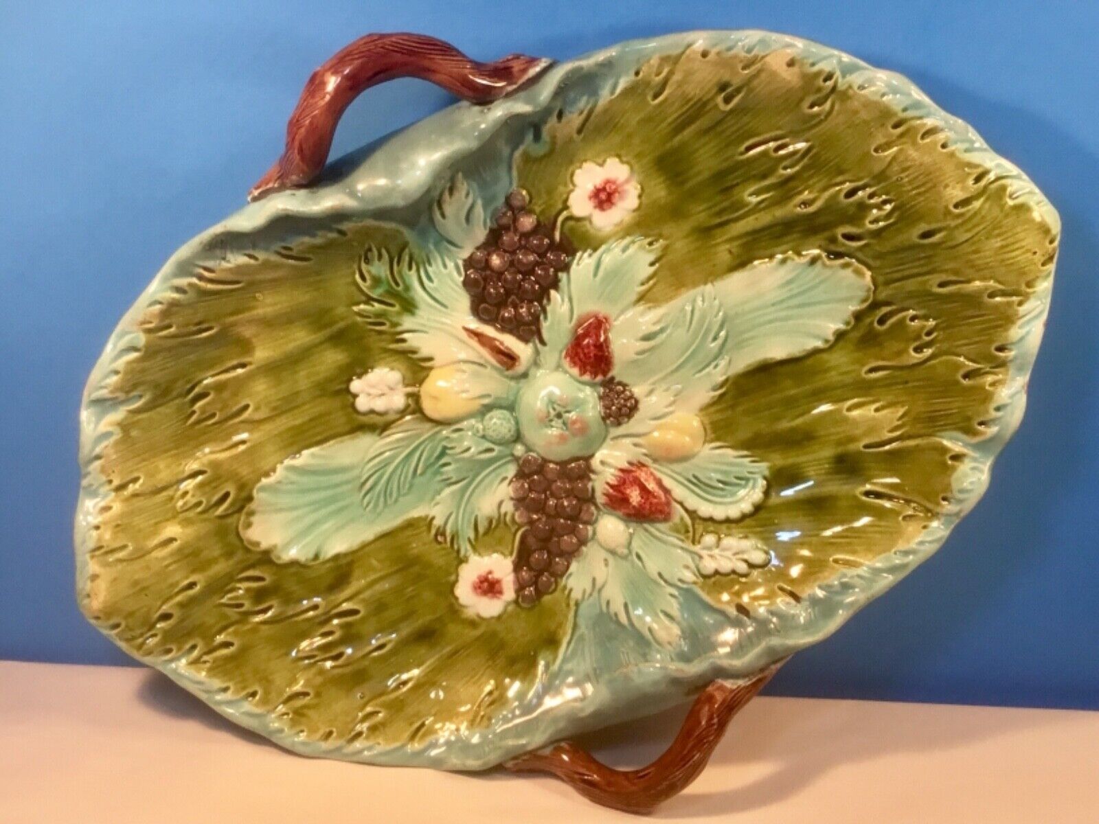 Majolica Fruit Platter Basket Tray, c. 1800s