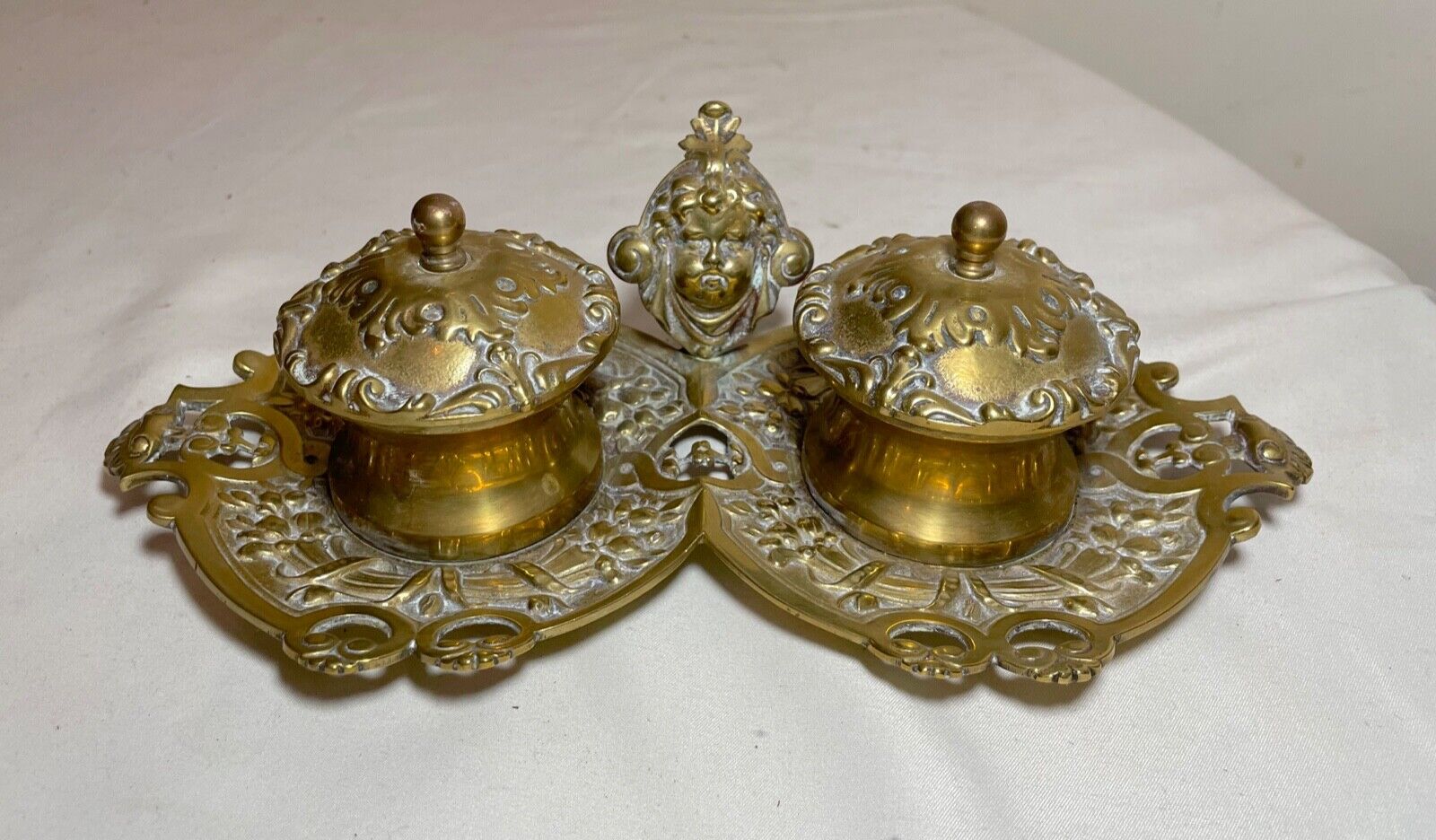 Victorian Cherub Gilt Bronze Brass Inkwell Stand