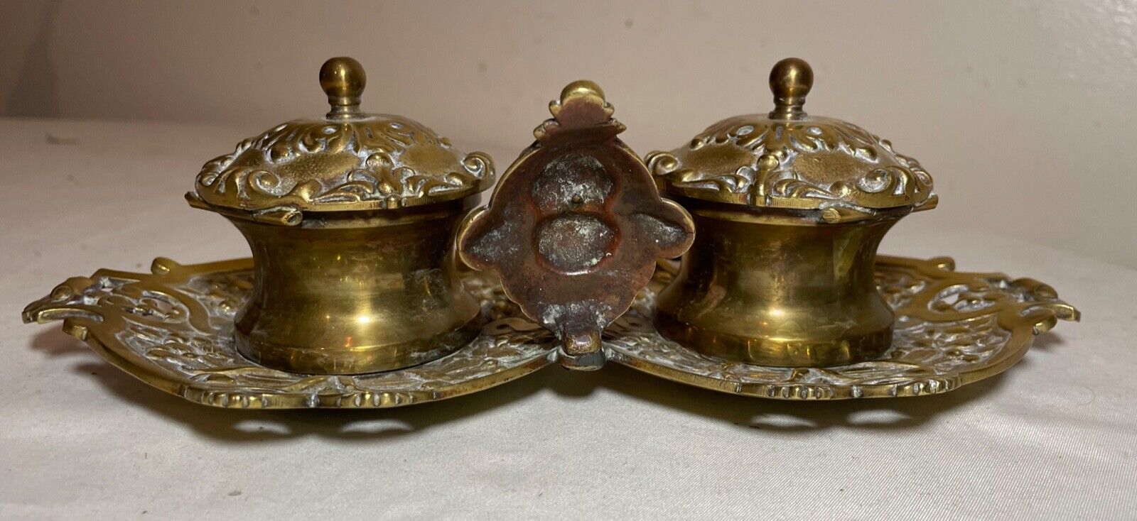 Victorian Cherub Gilt Bronze Brass Inkwell Stand