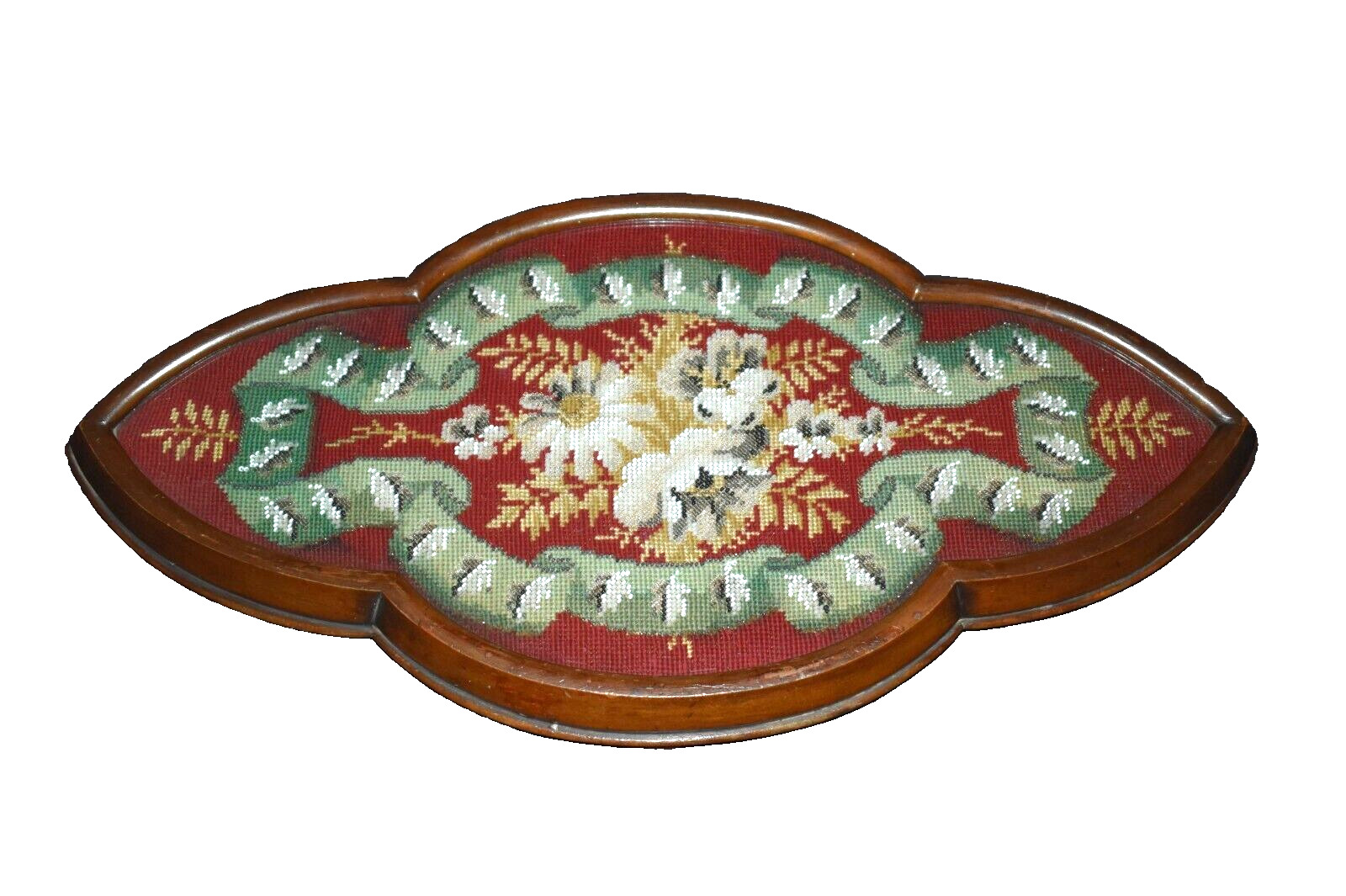 1800s Antique Beaded Embroidery Glass Tray