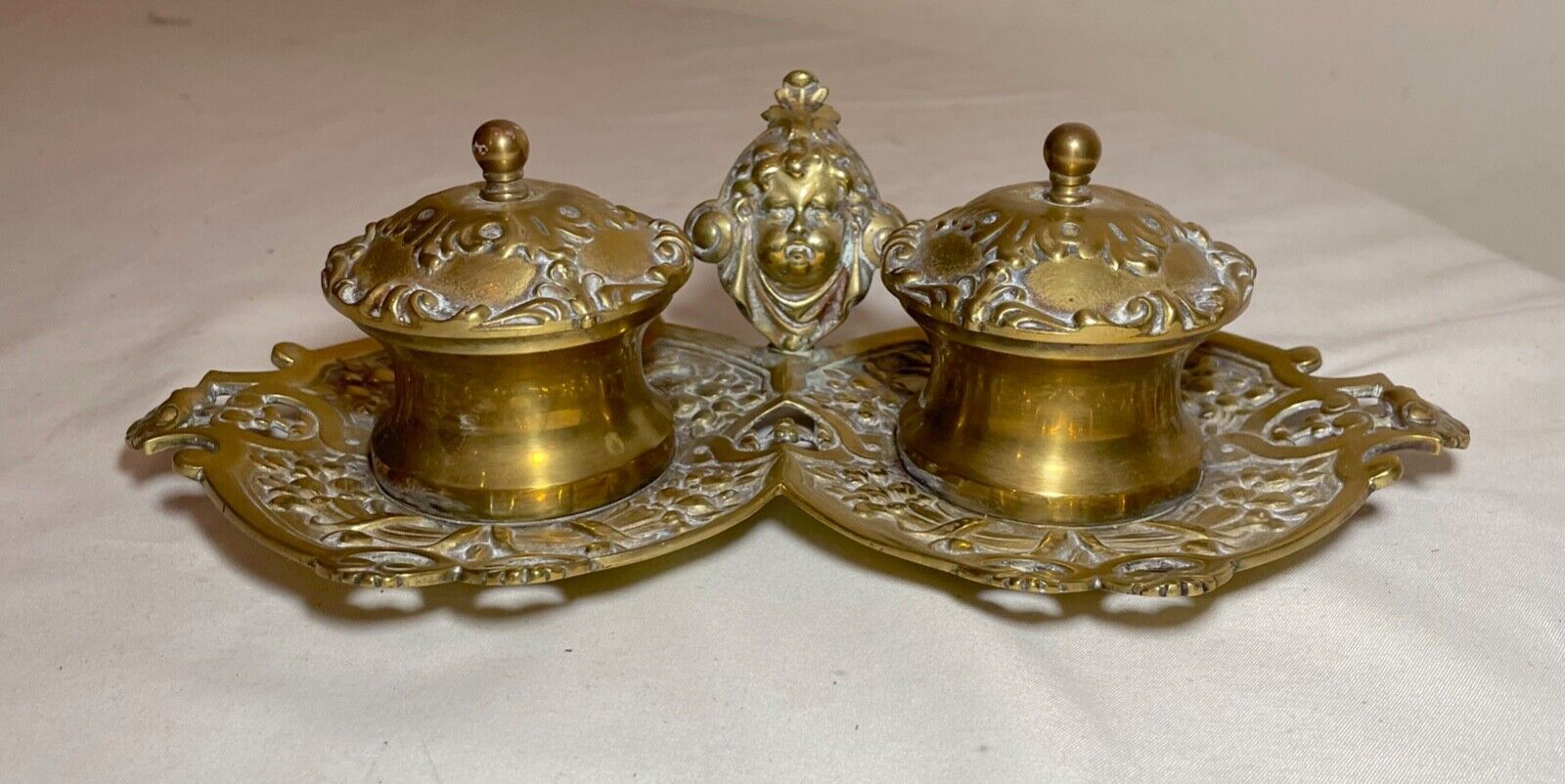 Victorian Cherub Gilt Bronze Brass Inkwell Stand