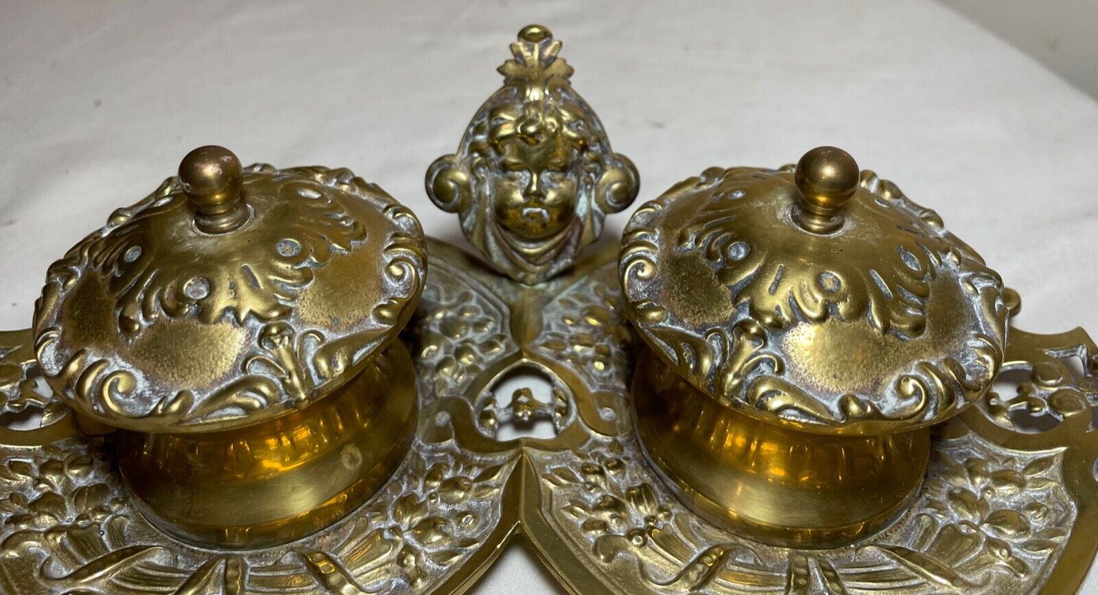 Victorian Cherub Gilt Bronze Brass Inkwell Stand