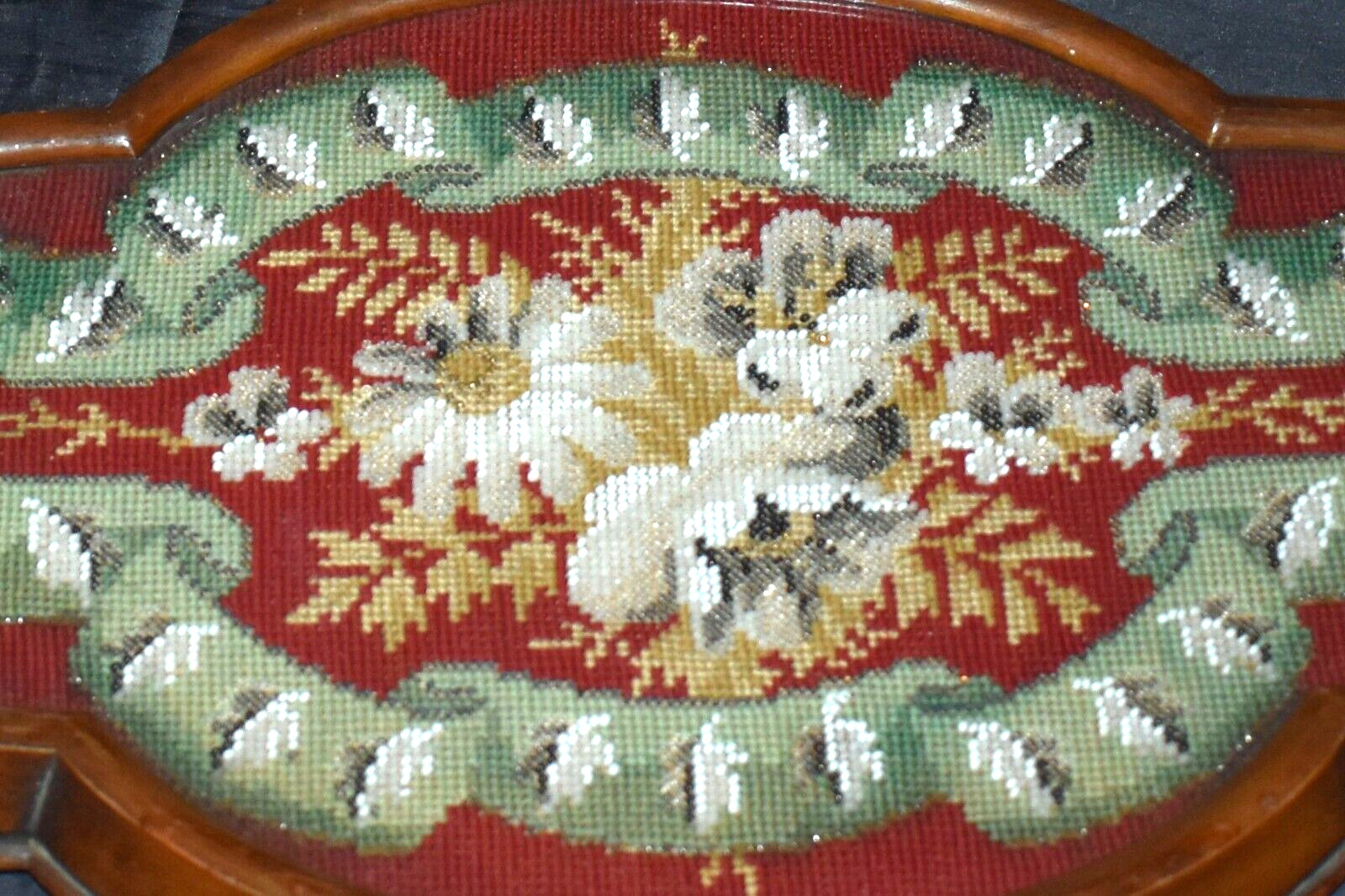 1800s Antique Beaded Embroidery Glass Tray