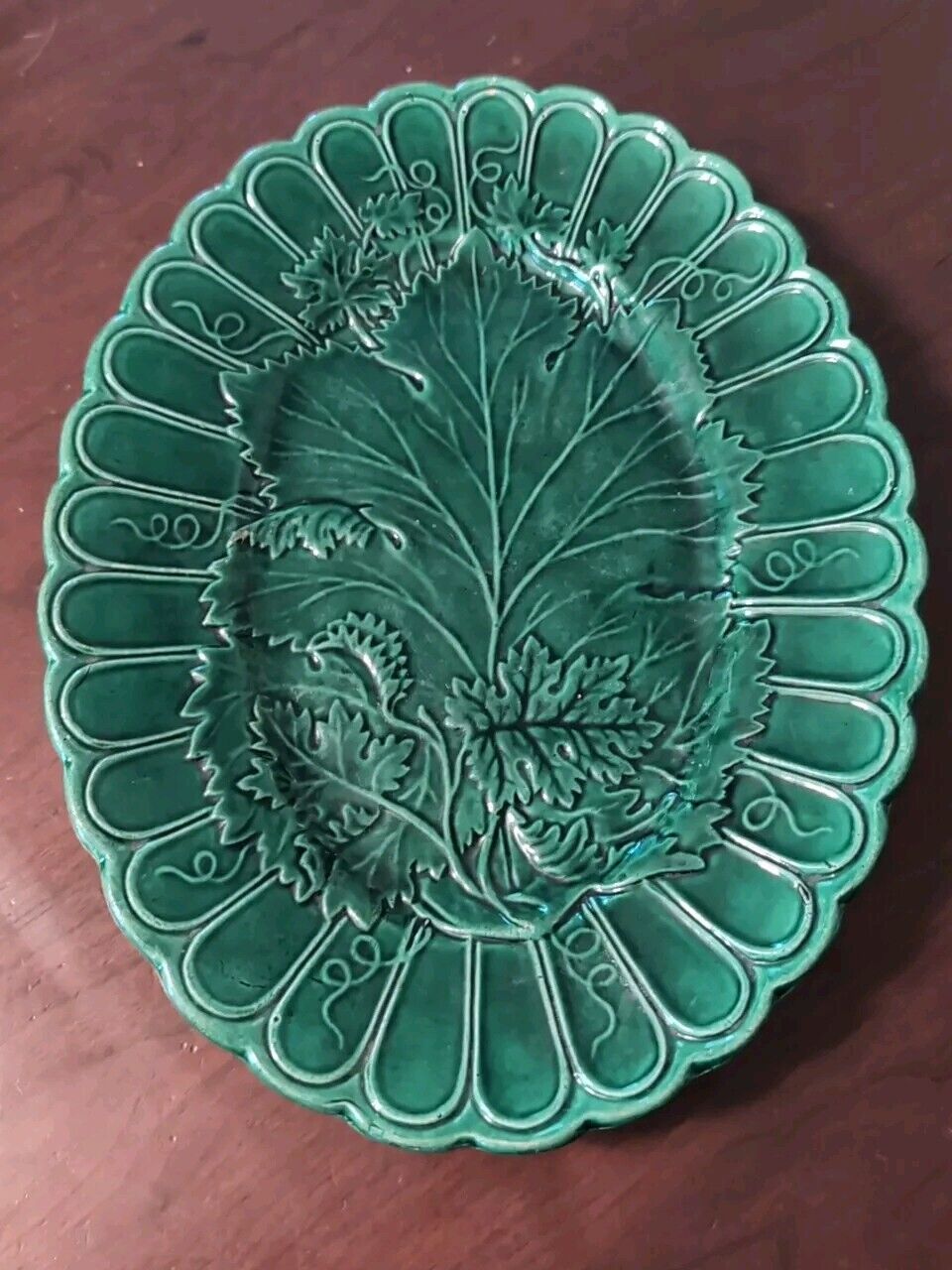 Victorian Green Majolica Oval Platter Tray
