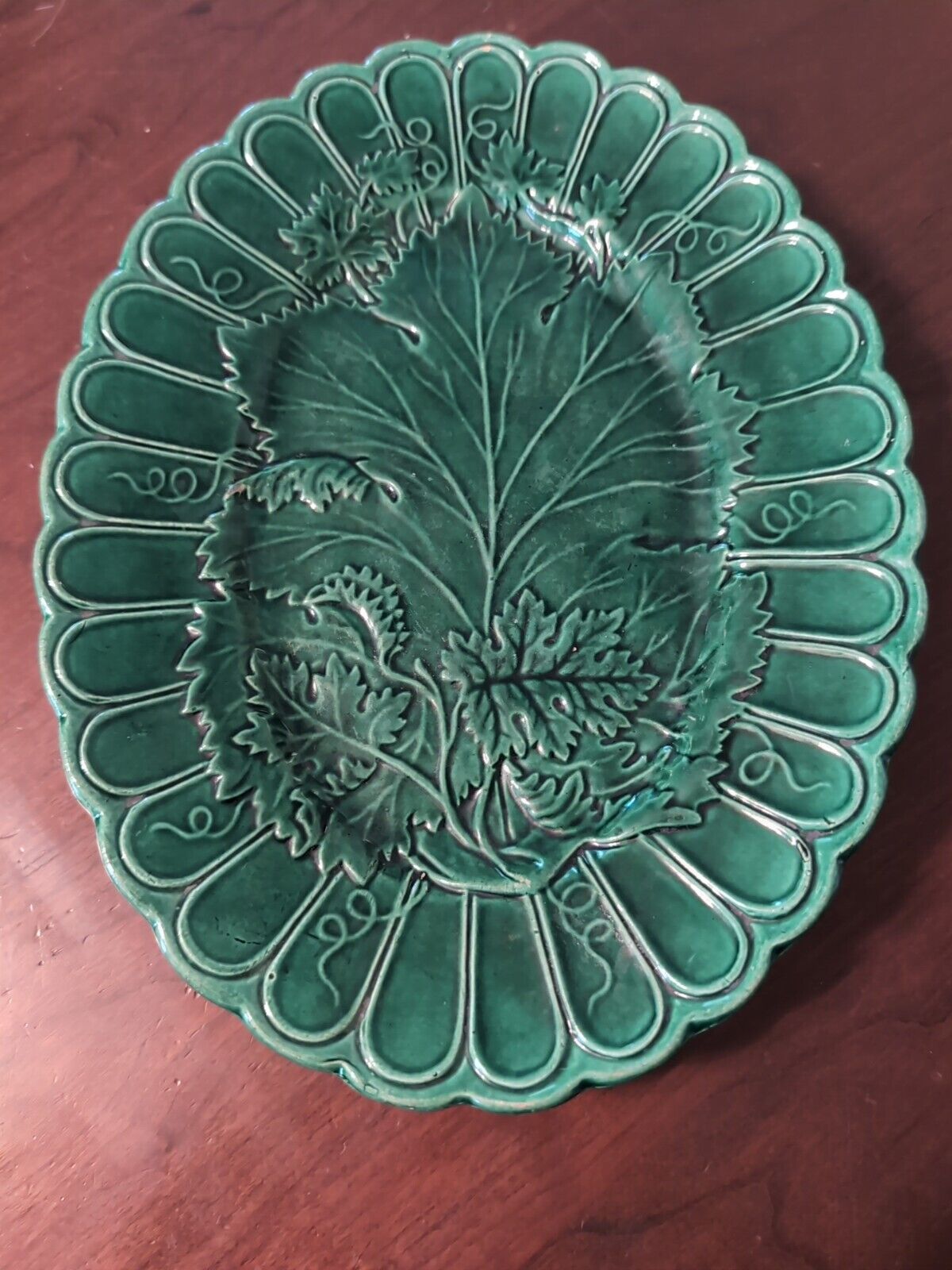 Victorian Green Majolica Oval Platter Tray