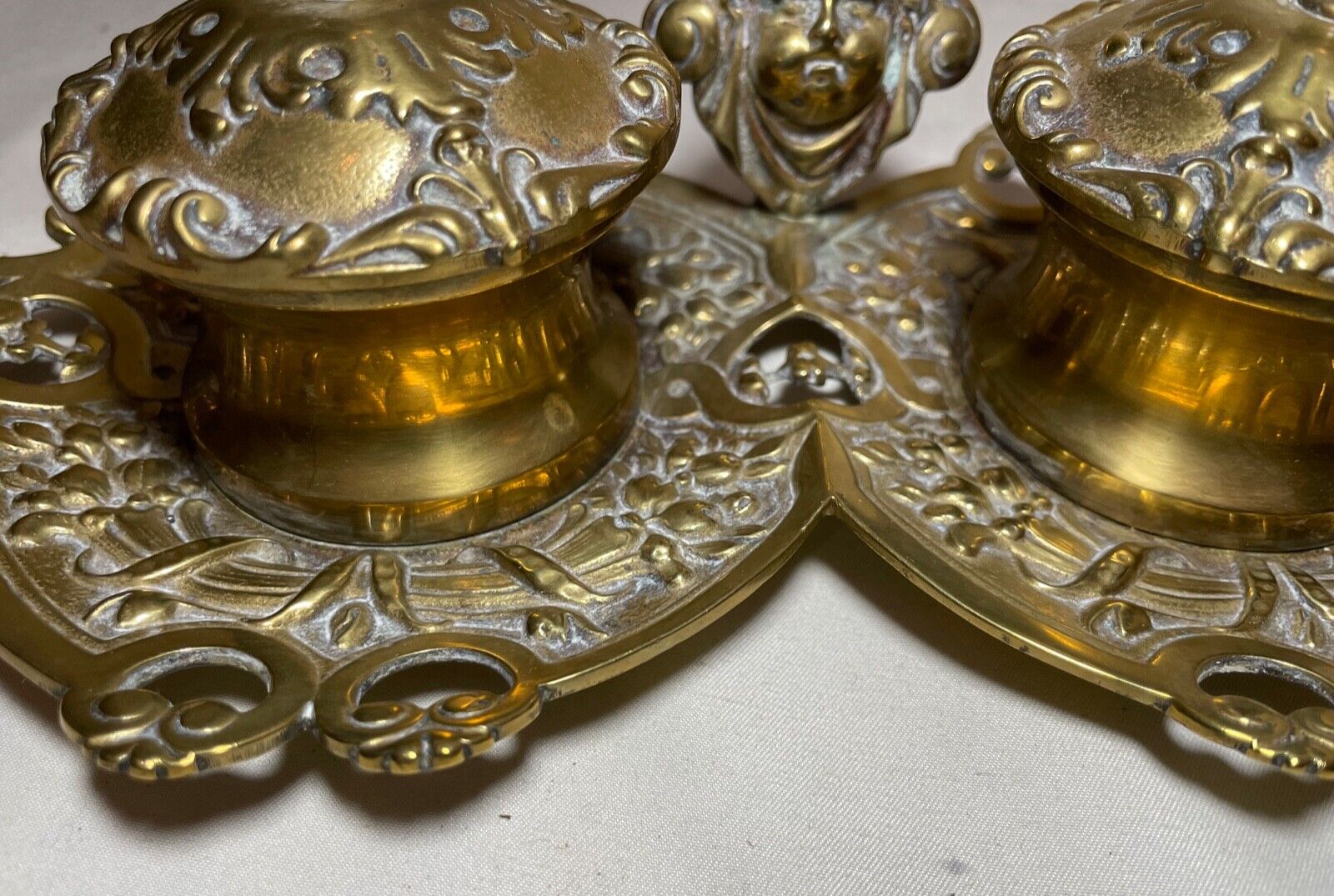 Victorian Cherub Gilt Bronze Brass Inkwell Stand