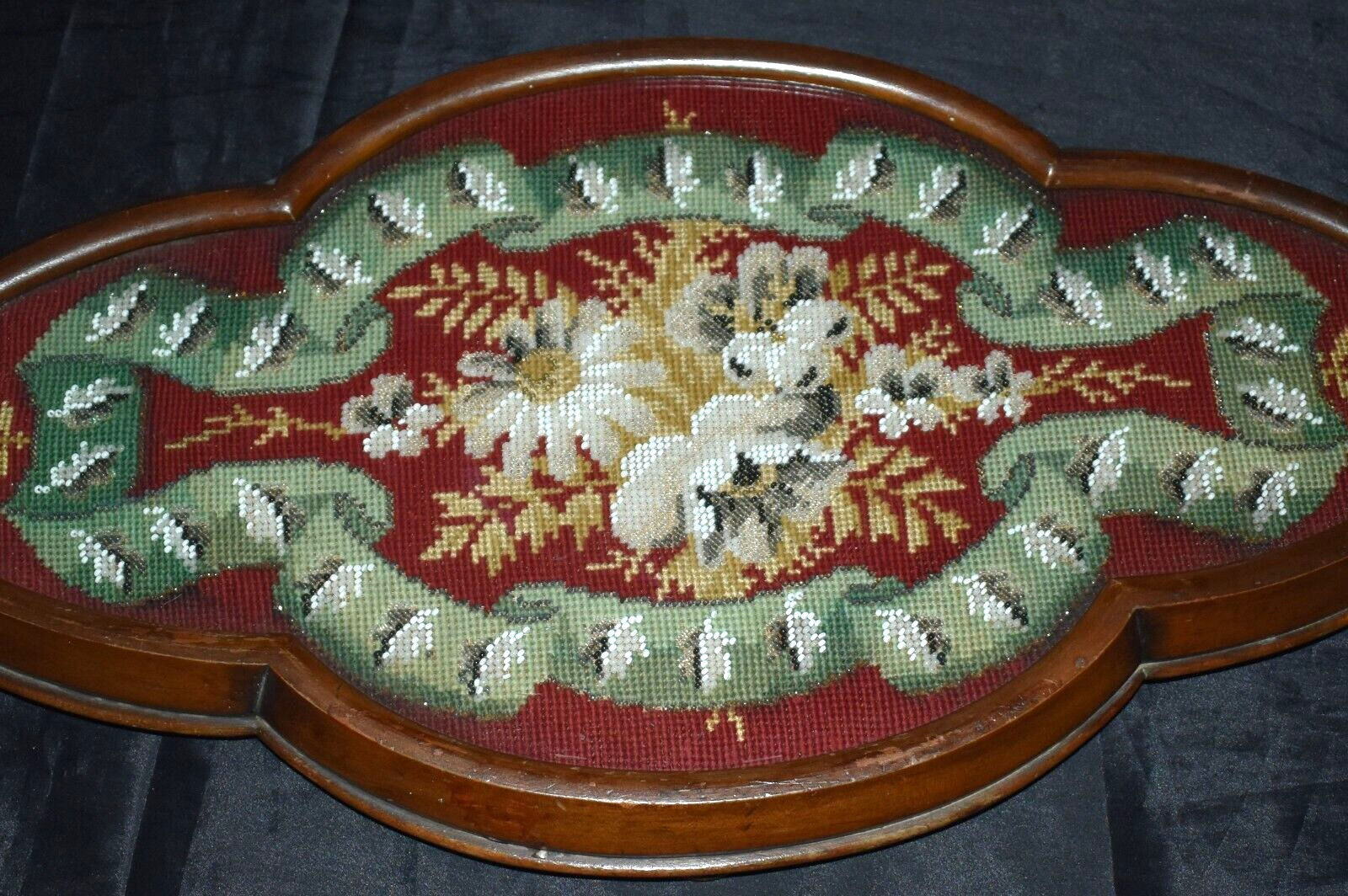 1800s Antique Beaded Embroidery Glass Tray