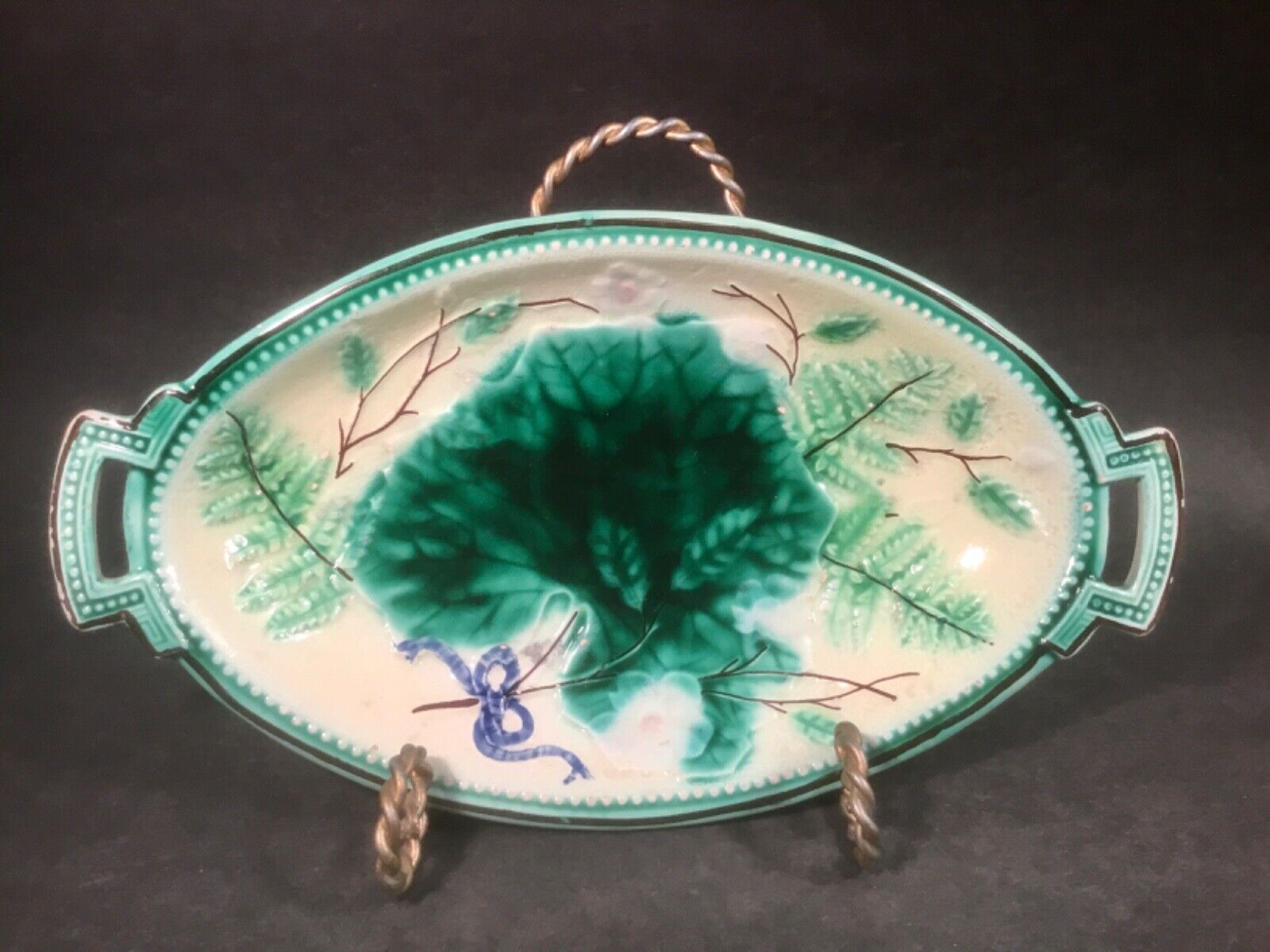 Victorian Majolica Ferns & Flowers Handled Platter