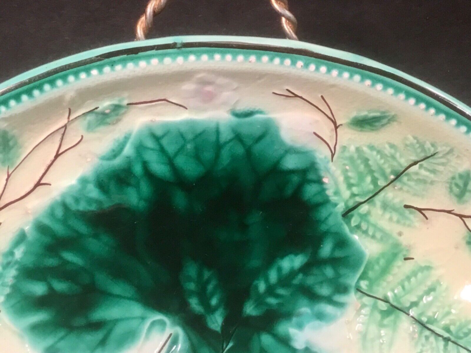 Victorian Majolica Ferns & Flowers Handled Platter