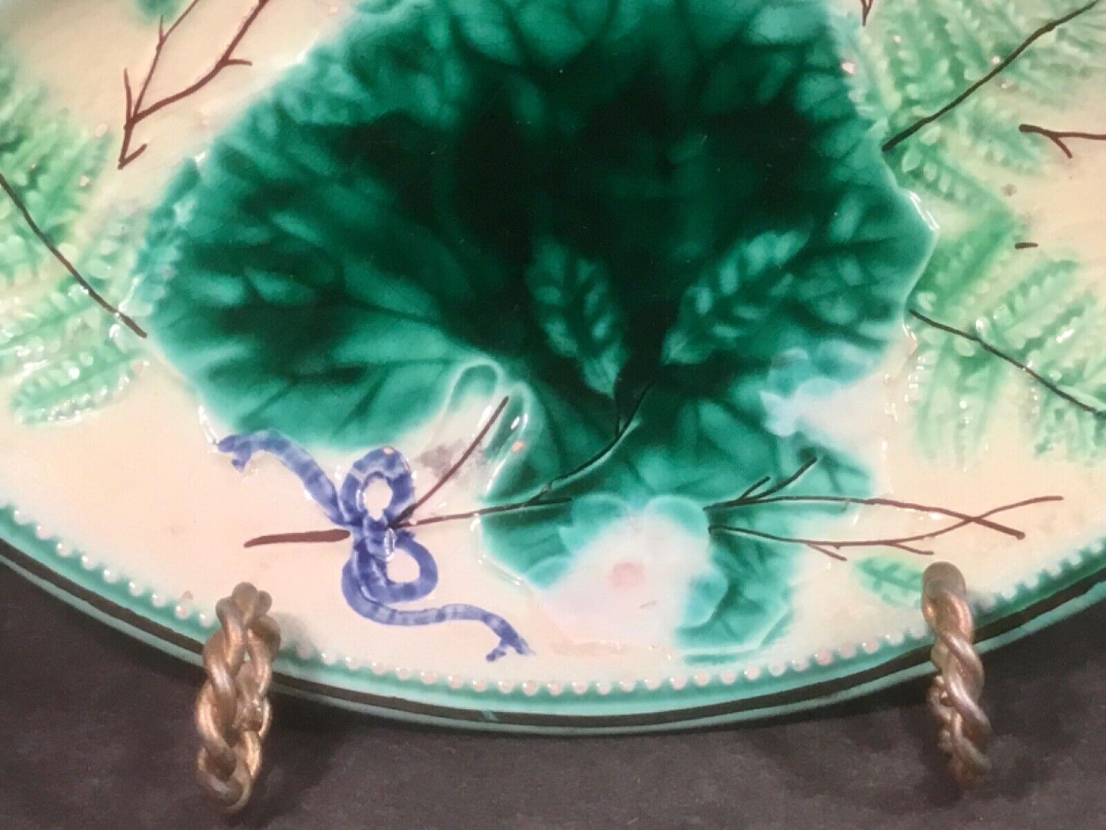 Victorian Majolica Ferns & Flowers Handled Platter
