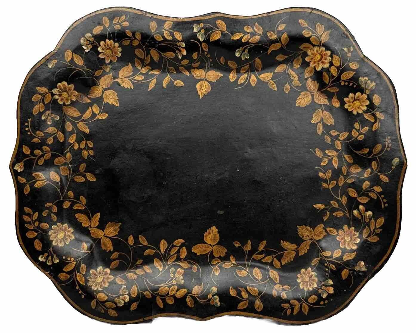 Hand-Painted Antique Tole Tray, Black and Gold