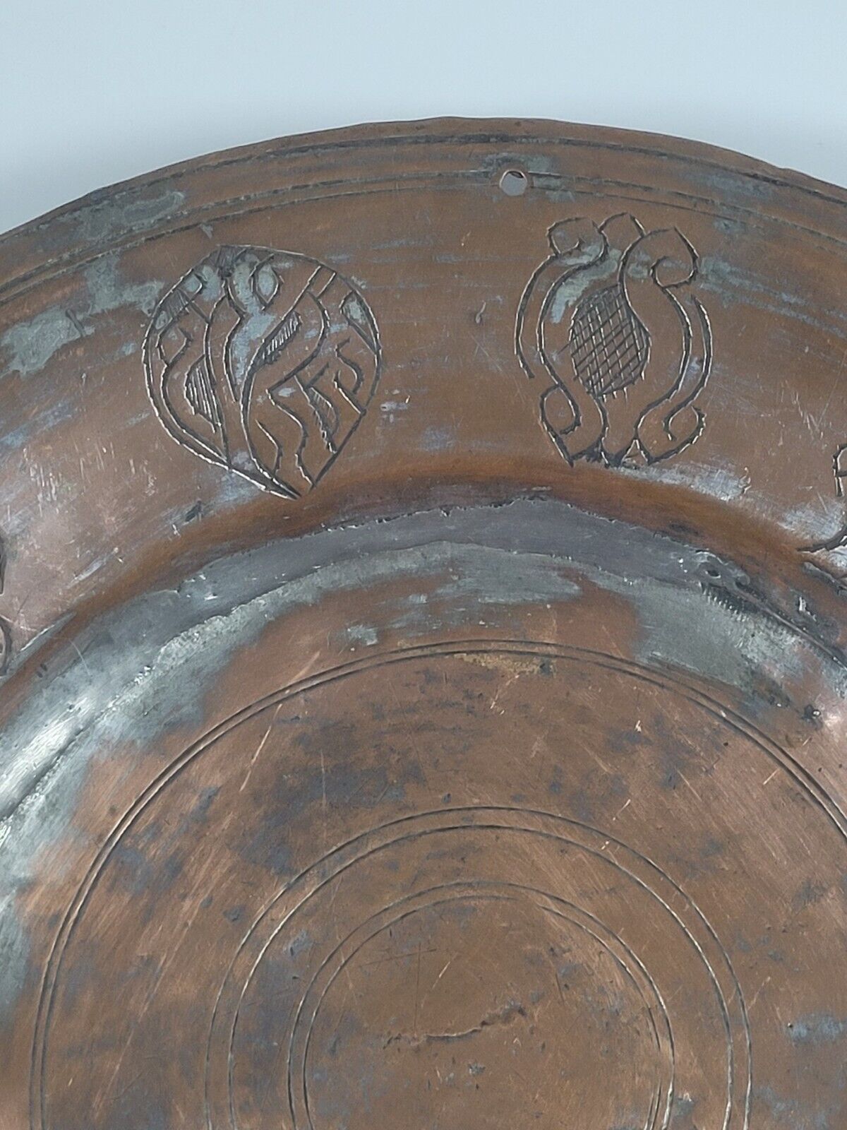 Antique Copper Plate Tray - Medieval Soldier Design