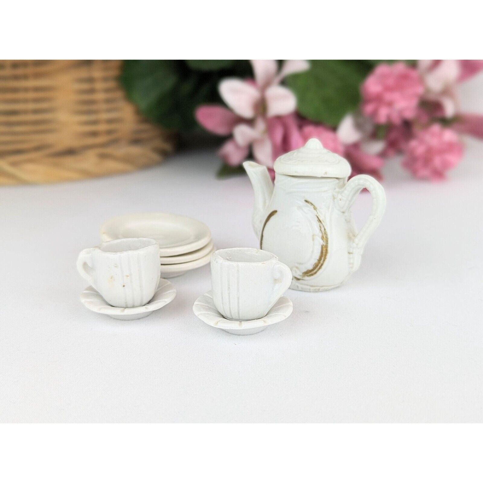 Vintage 9-Piece White Porcelain Dollhouse Tea Set