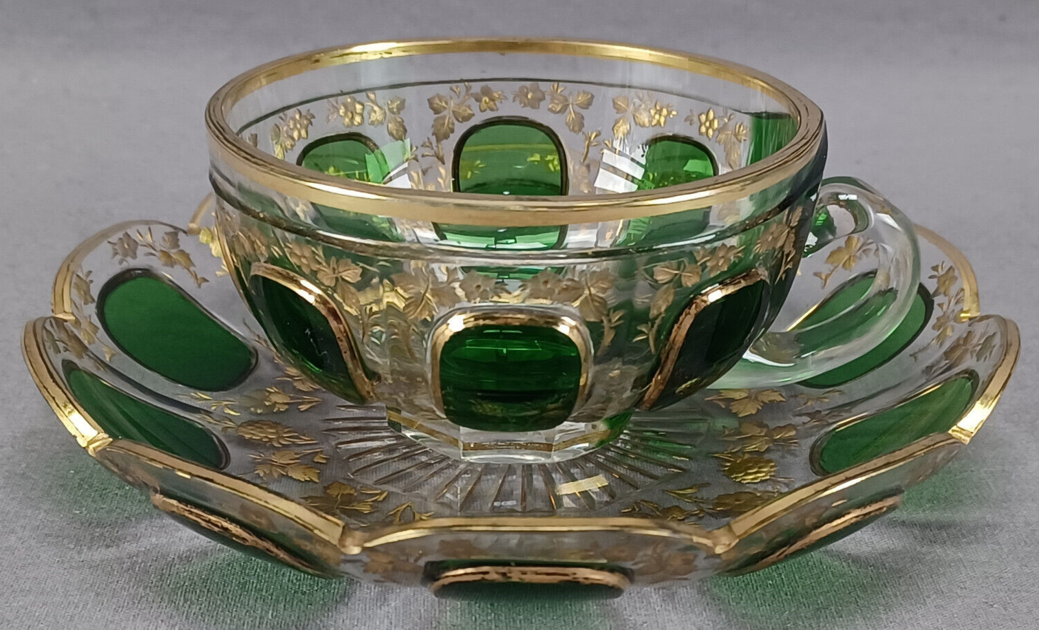 Moser Green Cut Cabochon Floral Tea Cup Set
