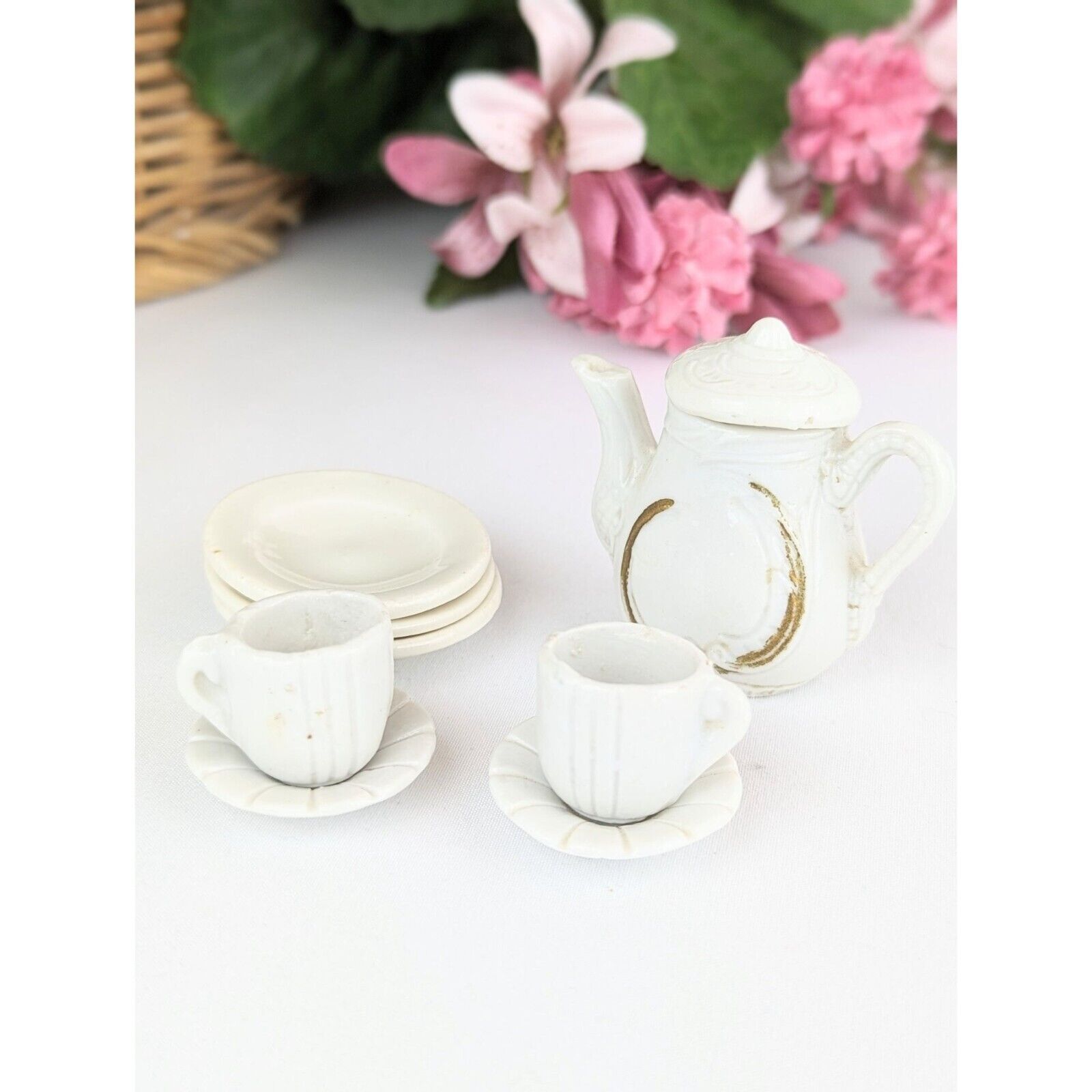 Vintage 9-Piece White Porcelain Dollhouse Tea Set