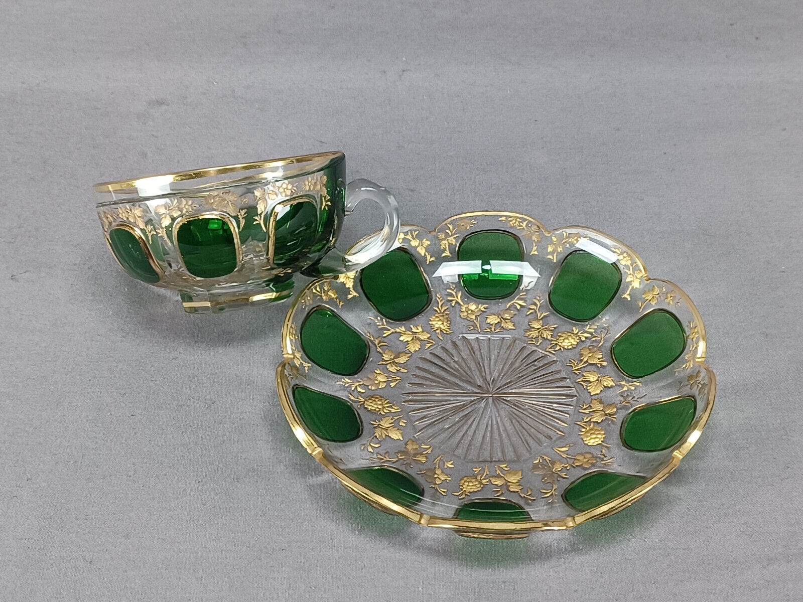 Moser Green Cut Cabochon Floral Tea Cup Set