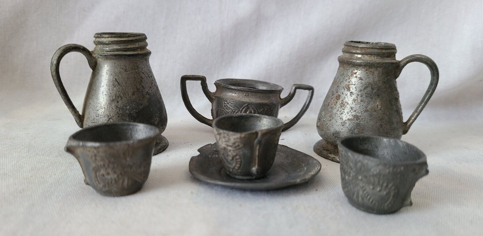 Vintage German Pewter Miniature Tea Set - 7 Pieces