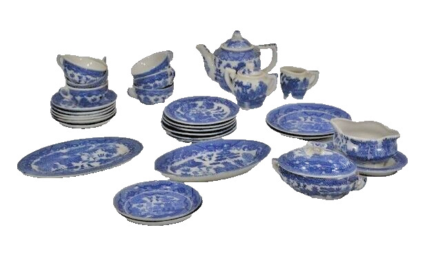 Antique Blue Willow Child Dish Set, 29 Pieces