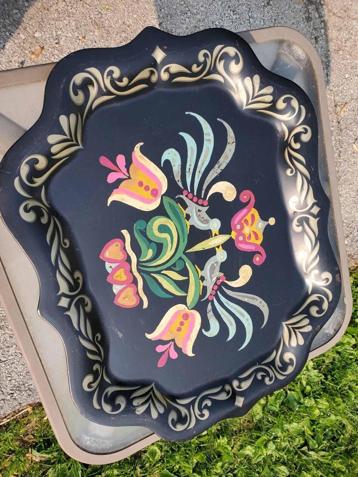 Hand-Painted Vintage Toleware Folk Art Tray