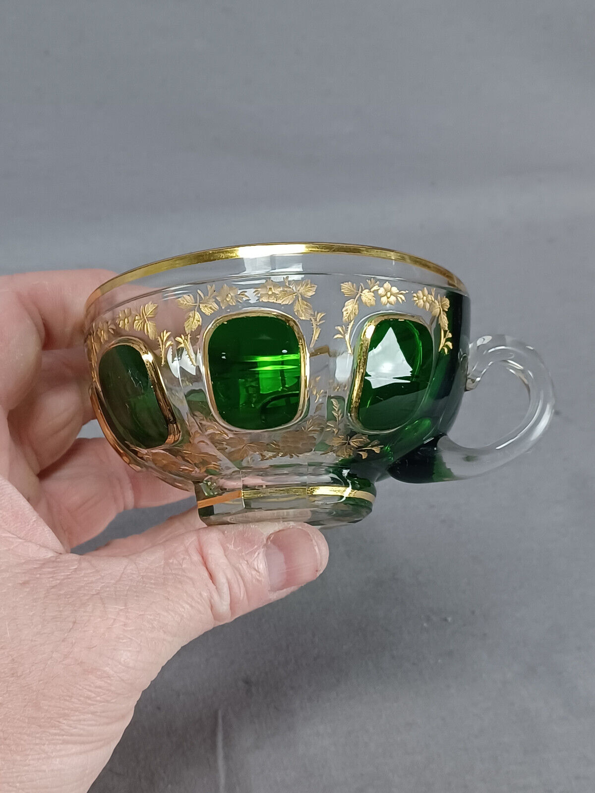 Moser Green Cut Cabochon Floral Tea Cup Set