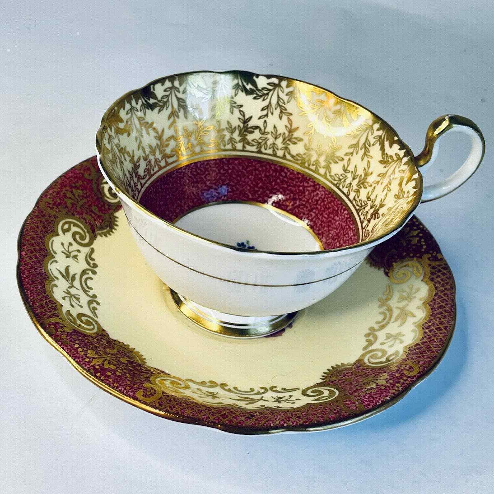 Aynsley Burgundy Red Tea Cup and Saucer Set