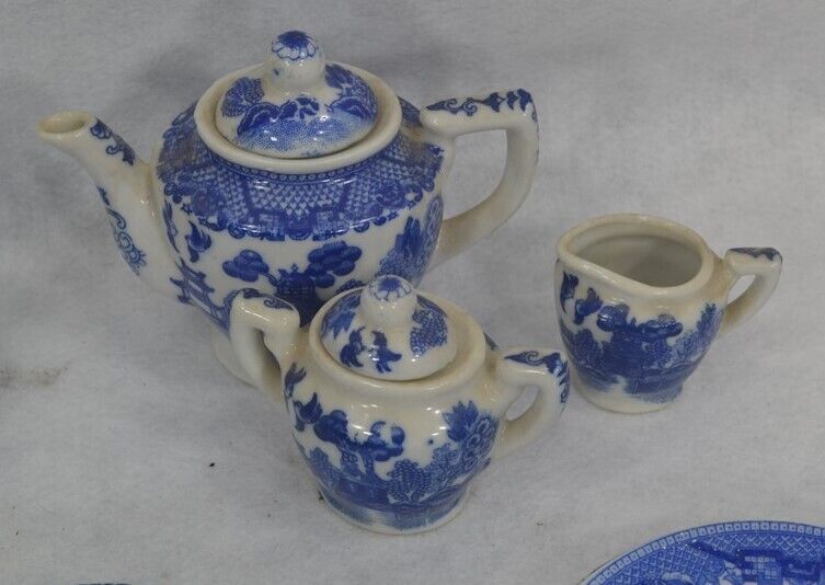 Antique Blue Willow Child Dish Set, 29 Pieces