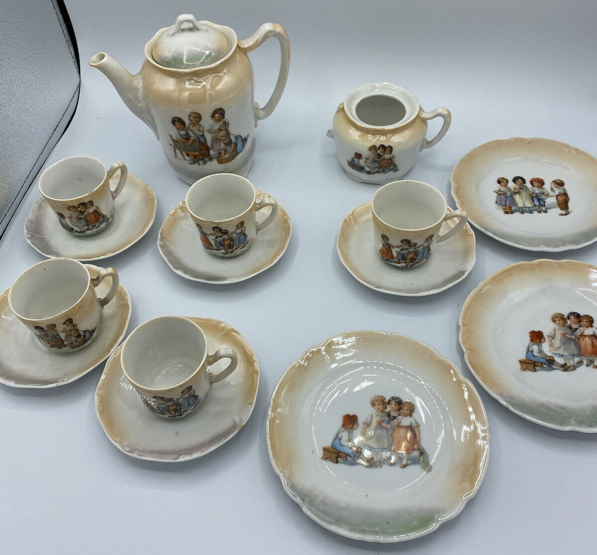 14-Piece Antique German Child's Two-Tone Tea Set