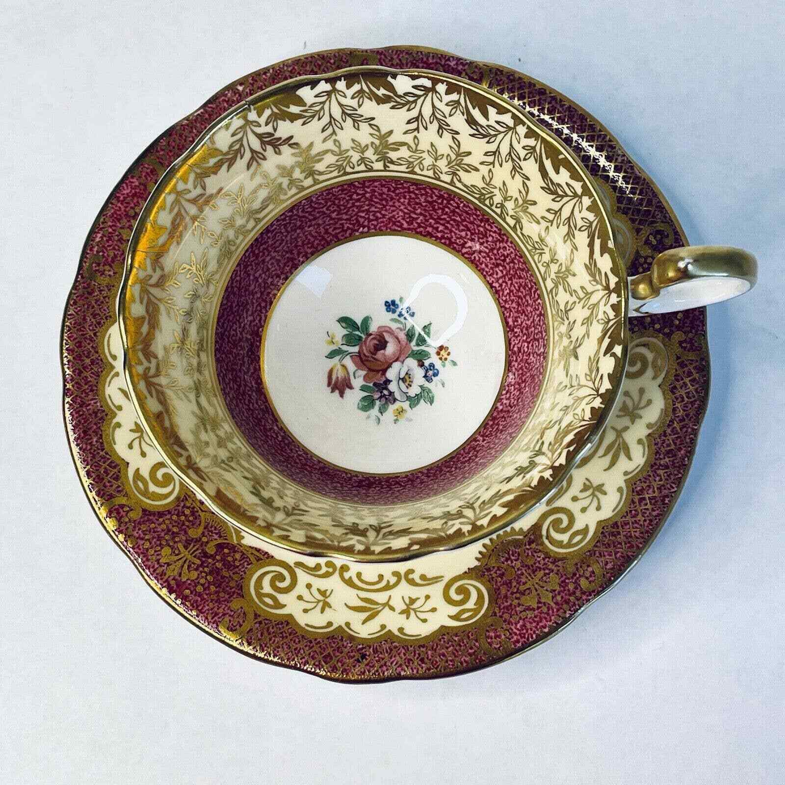 Aynsley Burgundy Red Tea Cup and Saucer Set