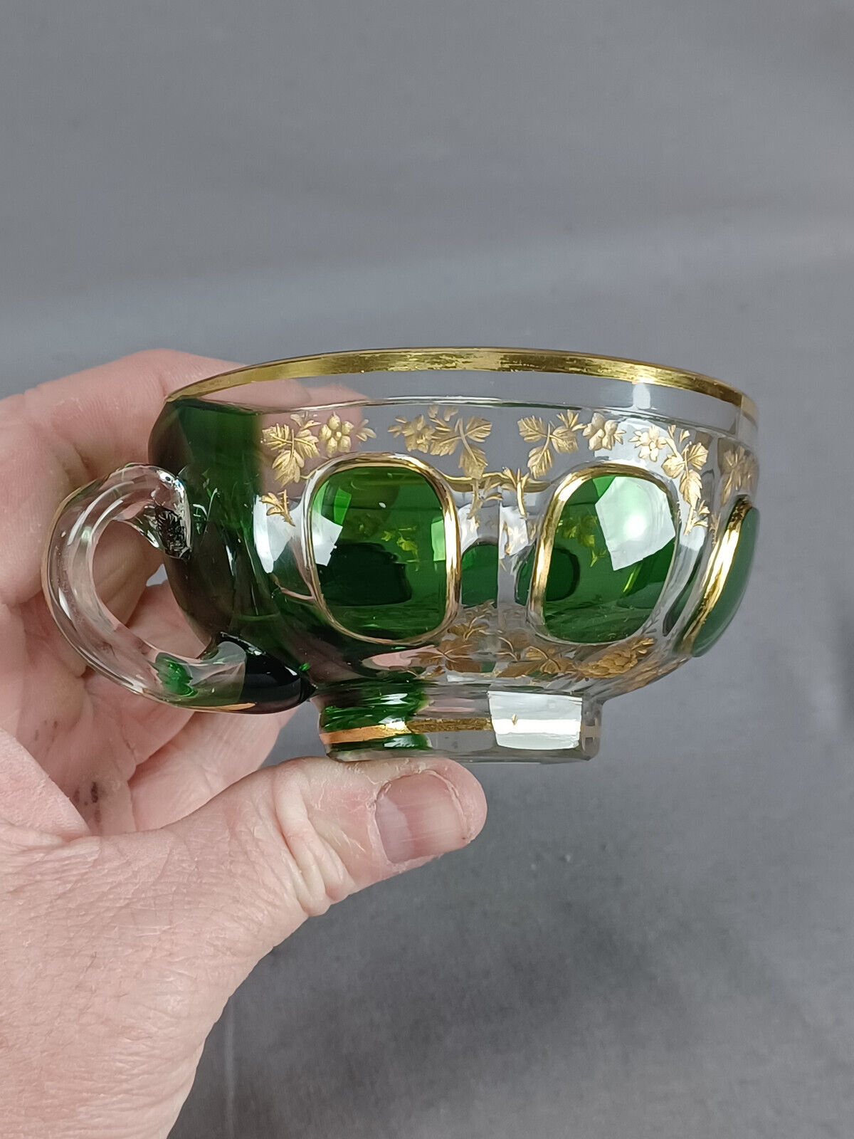 Moser Green Cut Cabochon Floral Tea Cup Set