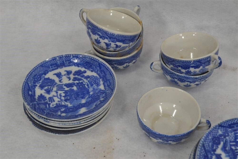 Antique Blue Willow Child Dish Set, 29 Pieces