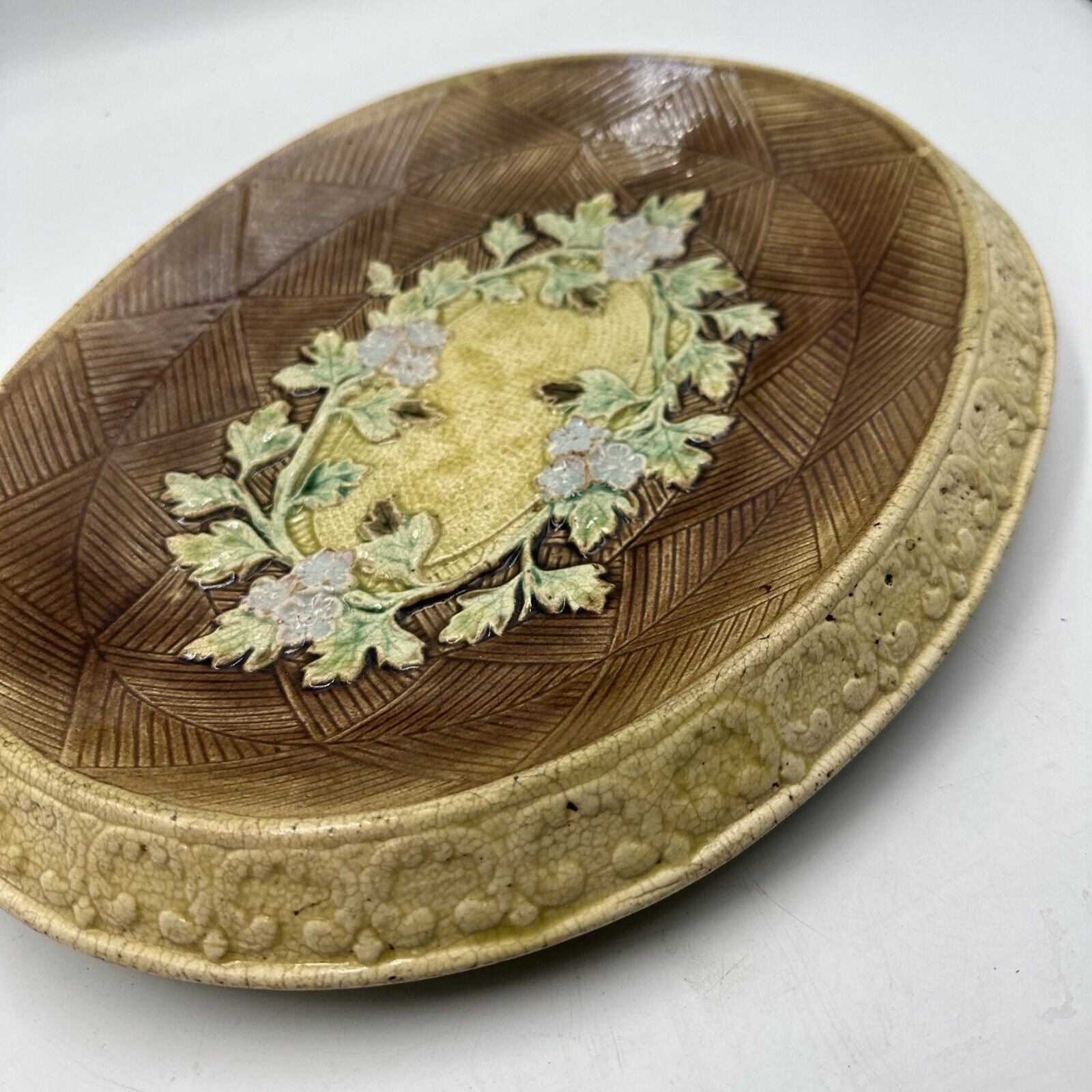 Rare 1800s English Oval Floral Majolica Tray