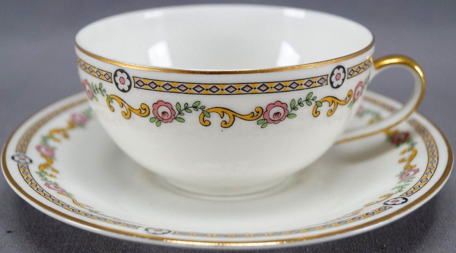 Limoges Pink Roses Yellow Scrolls Tea Cup Set