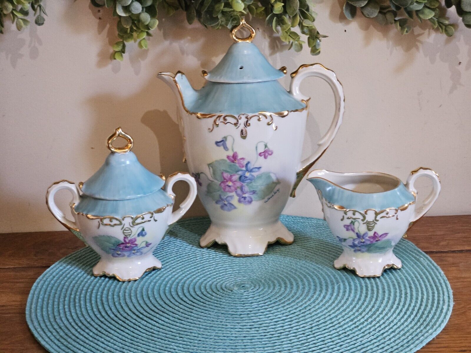 Turquoise Floral Antique China Tea Set