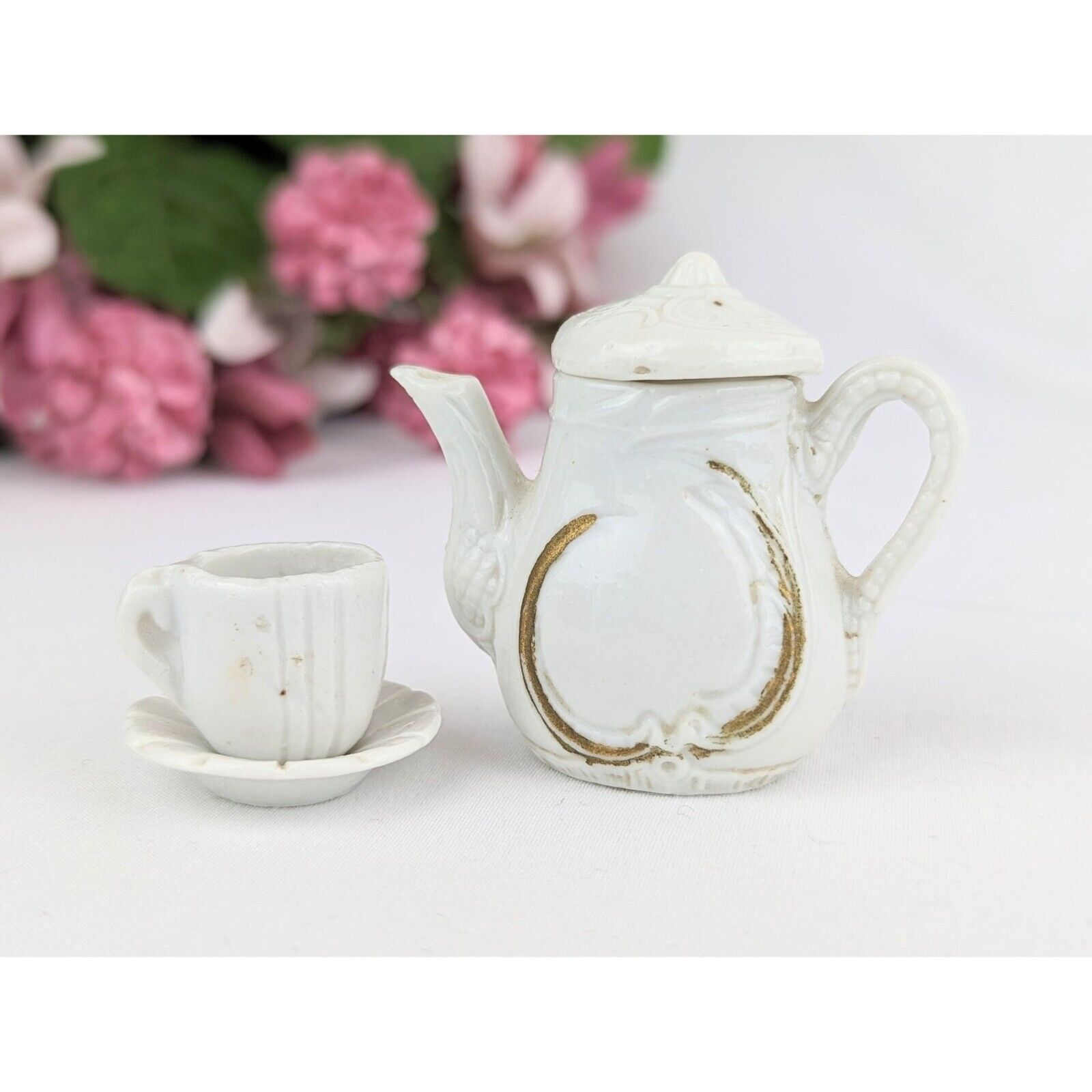 Vintage 9-Piece White Porcelain Dollhouse Tea Set