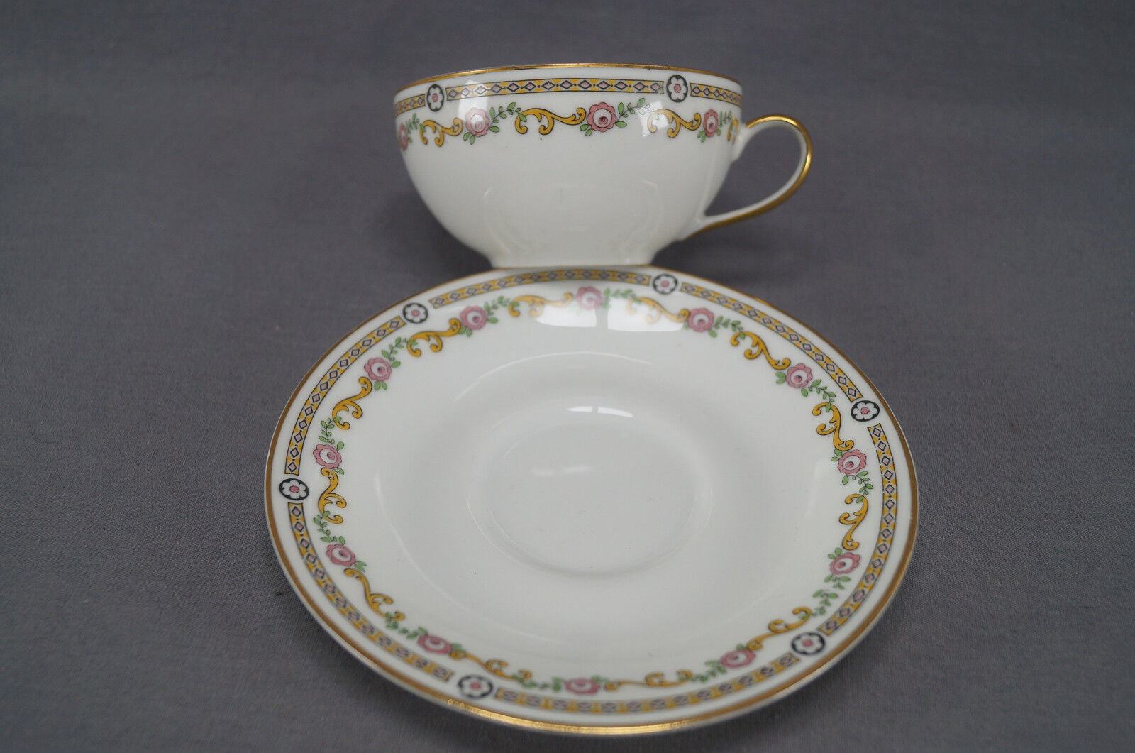 Limoges Pink Roses Yellow Scrolls Tea Cup Set